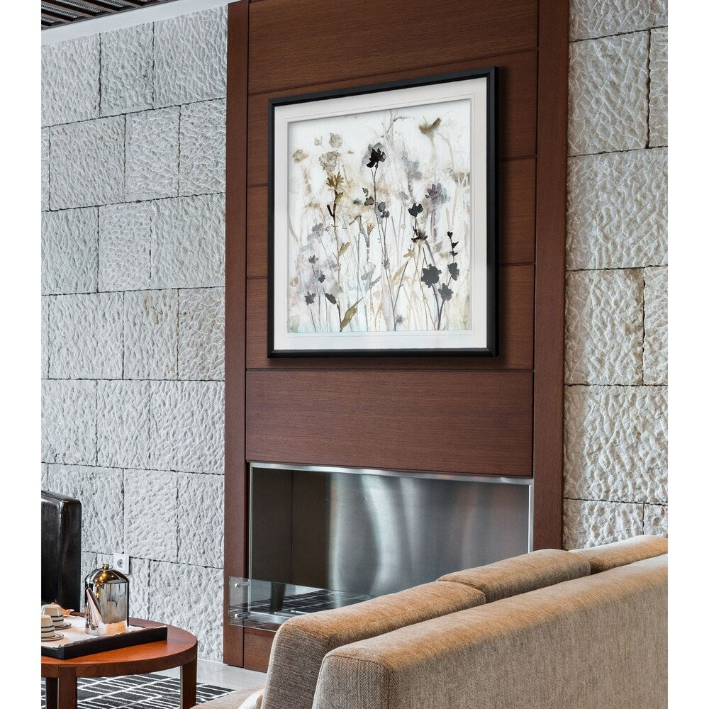 Brume de fleurs sauvages I - Impression encadrée personnalisée - bleu, blanc, gris, jaune, vert, argent, or