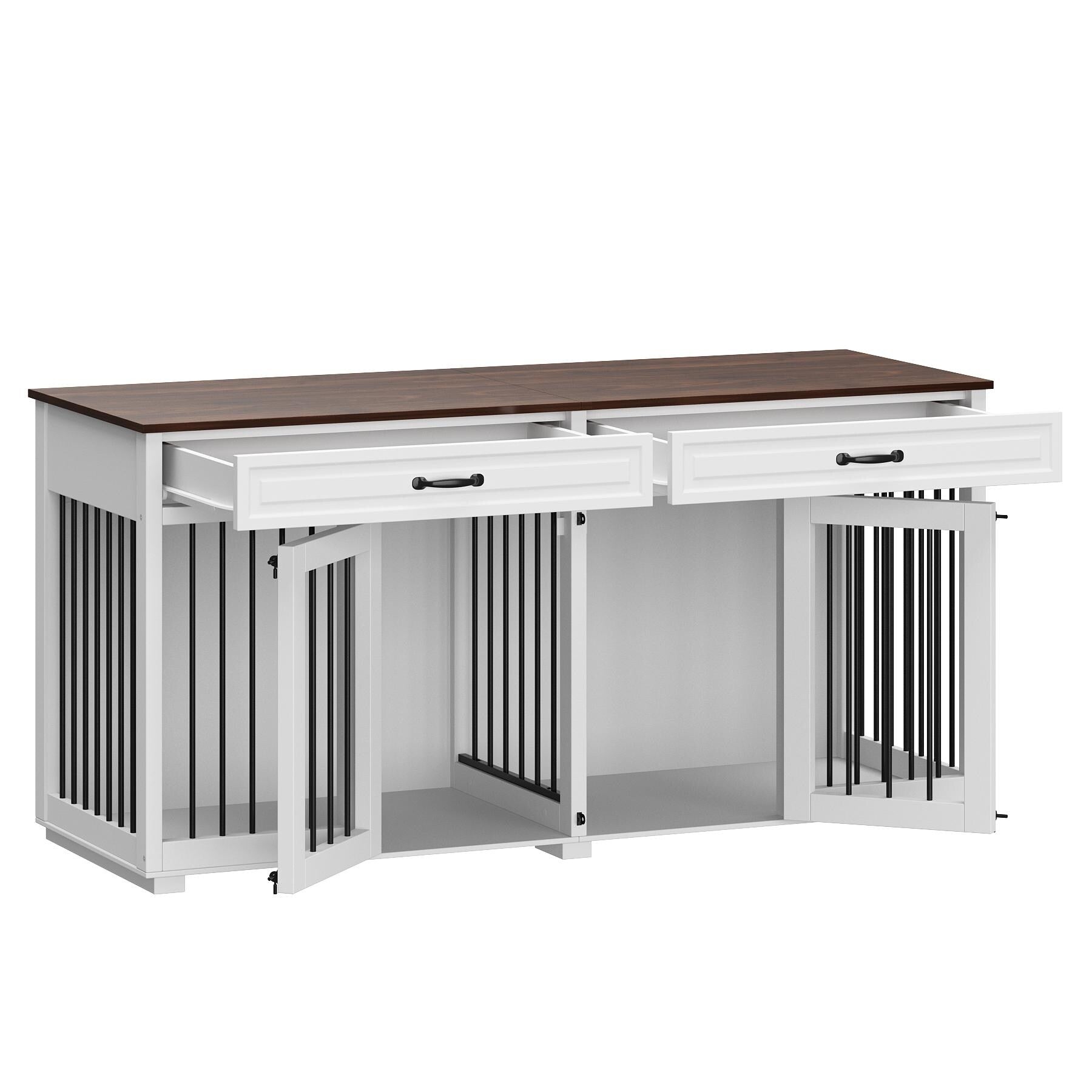 Cage double en bois pour chien avec 2 tiroirs et séparateur