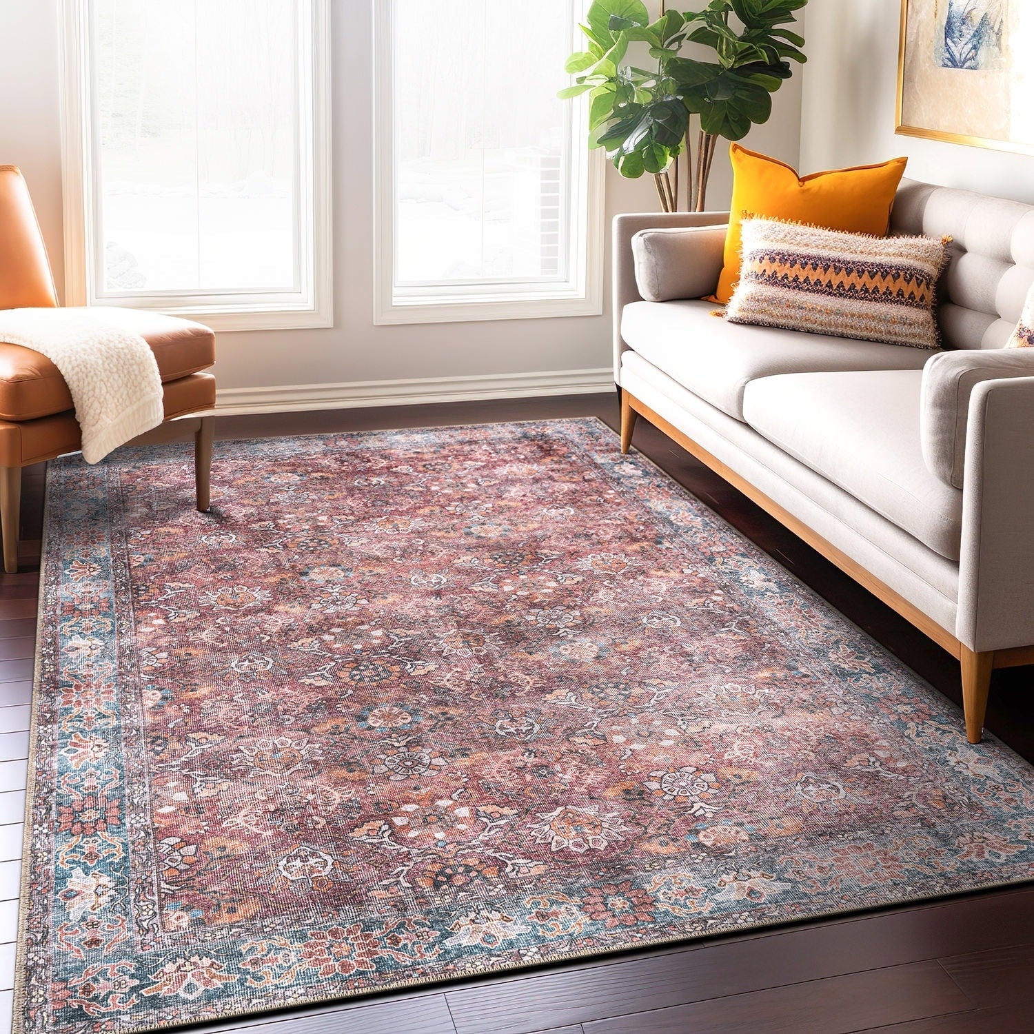 Tapis de transition World Rug Gallery, style vintage, antidérapant, lavable en machine, avec bordures