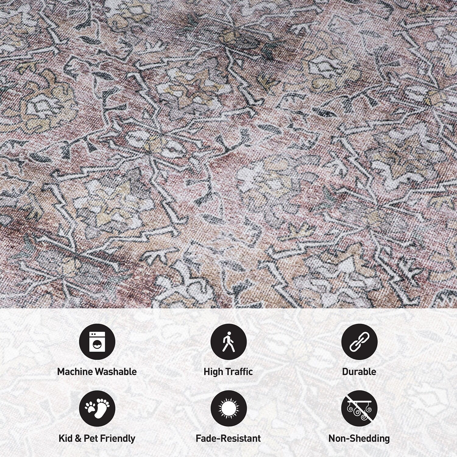 Tapis antidérapant lavable en machine, style vintage, World Rug Gallery