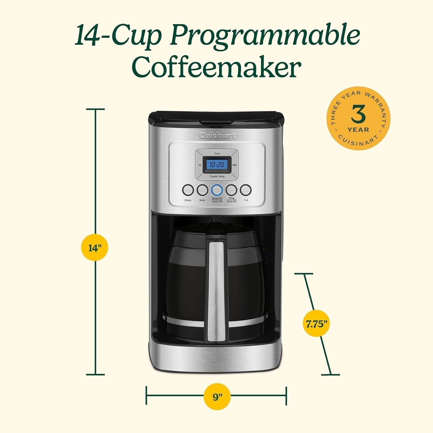 Cafetière programmable 14 tasses, carafe en verre, réglage de l'intensité de l'infusion, réglage de 1 à 4 tasses, acier inoxydable