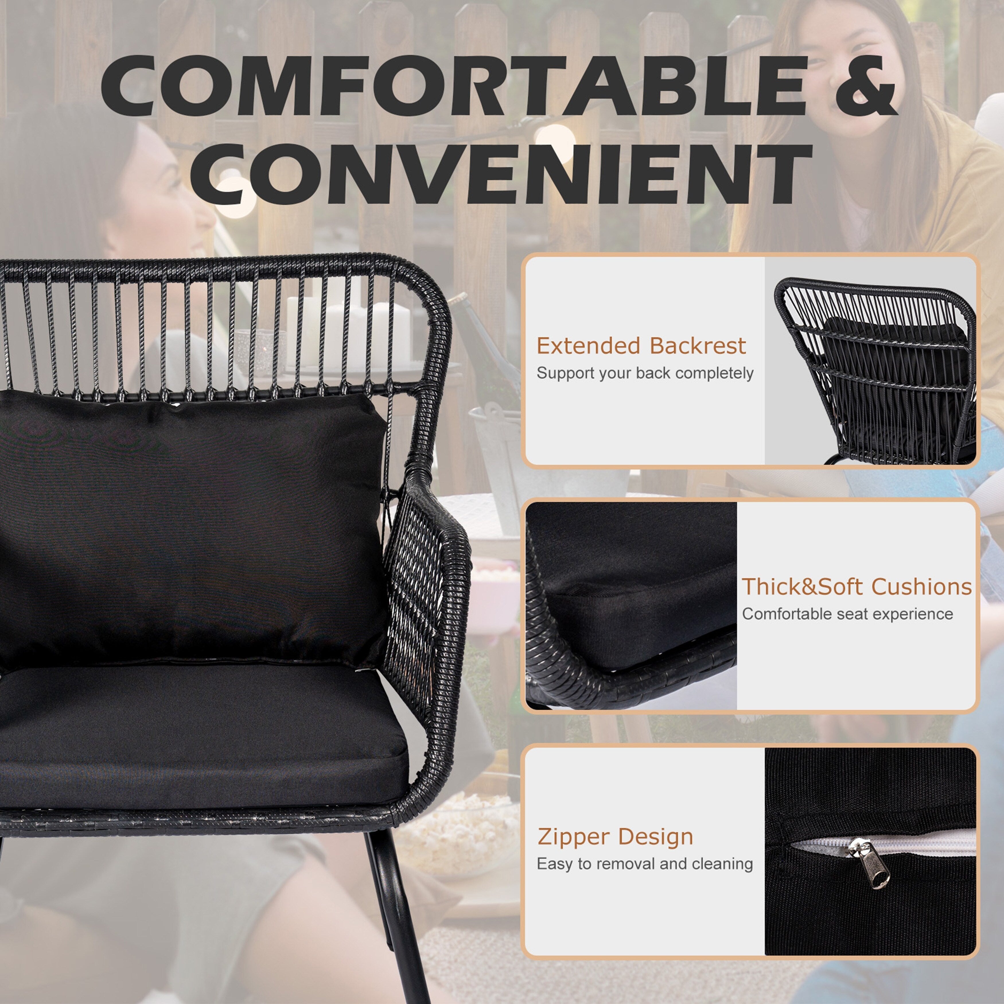 Ensemble de bistrot d'extérieur 3 pièces en osier, mobilier de jardin en rotin toutes saisons, chaises de patio avec coussins