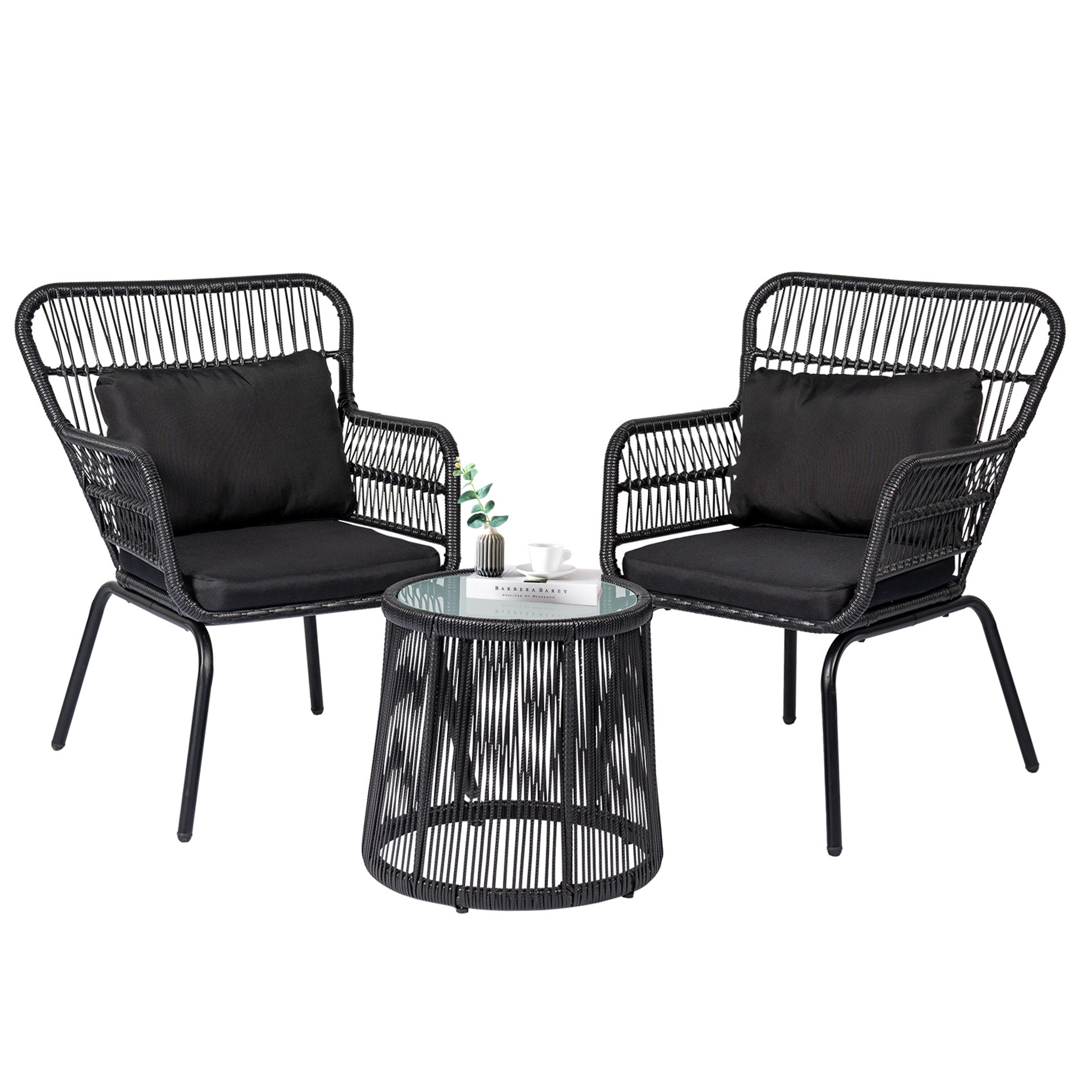 Ensemble de bistrot d'extérieur 3 pièces en osier, mobilier de jardin en rotin toutes saisons, chaises de patio avec coussins