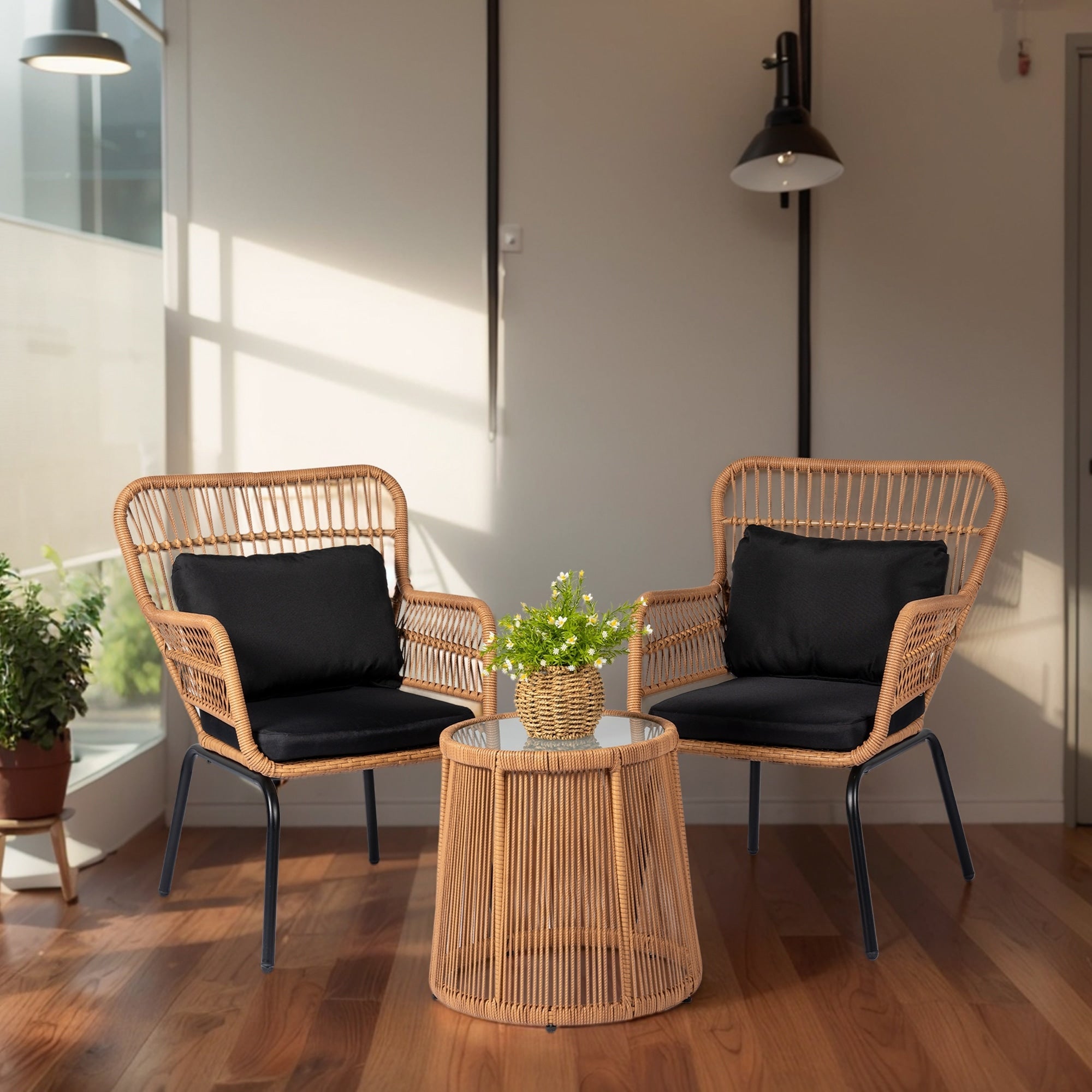 Ensemble de bistrot d'extérieur 3 pièces en osier, mobilier de jardin en rotin toutes saisons, chaises de patio avec coussins