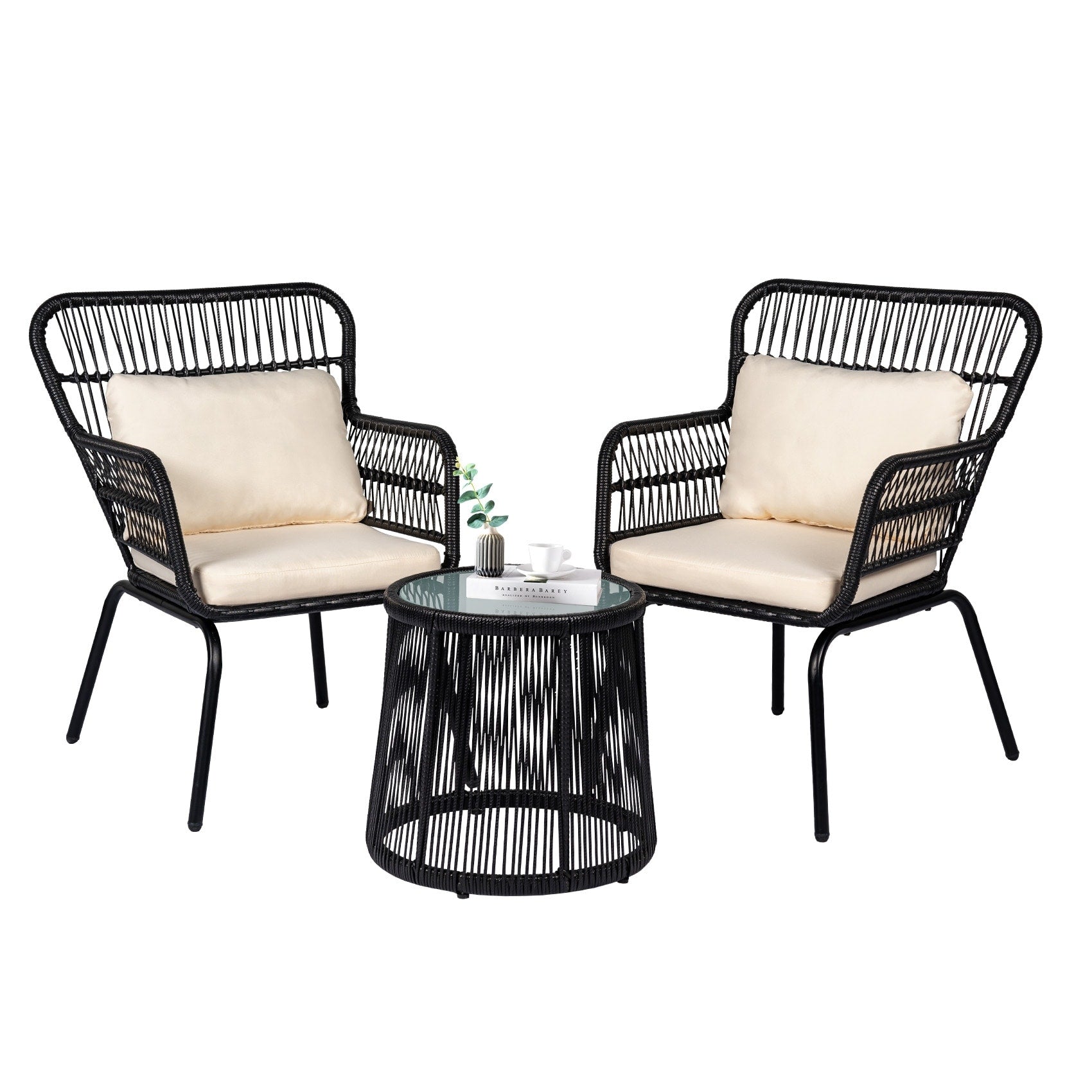 Ensemble de bistrot d'extérieur 3 pièces en osier, mobilier de jardin en rotin toutes saisons, chaises de patio avec coussins