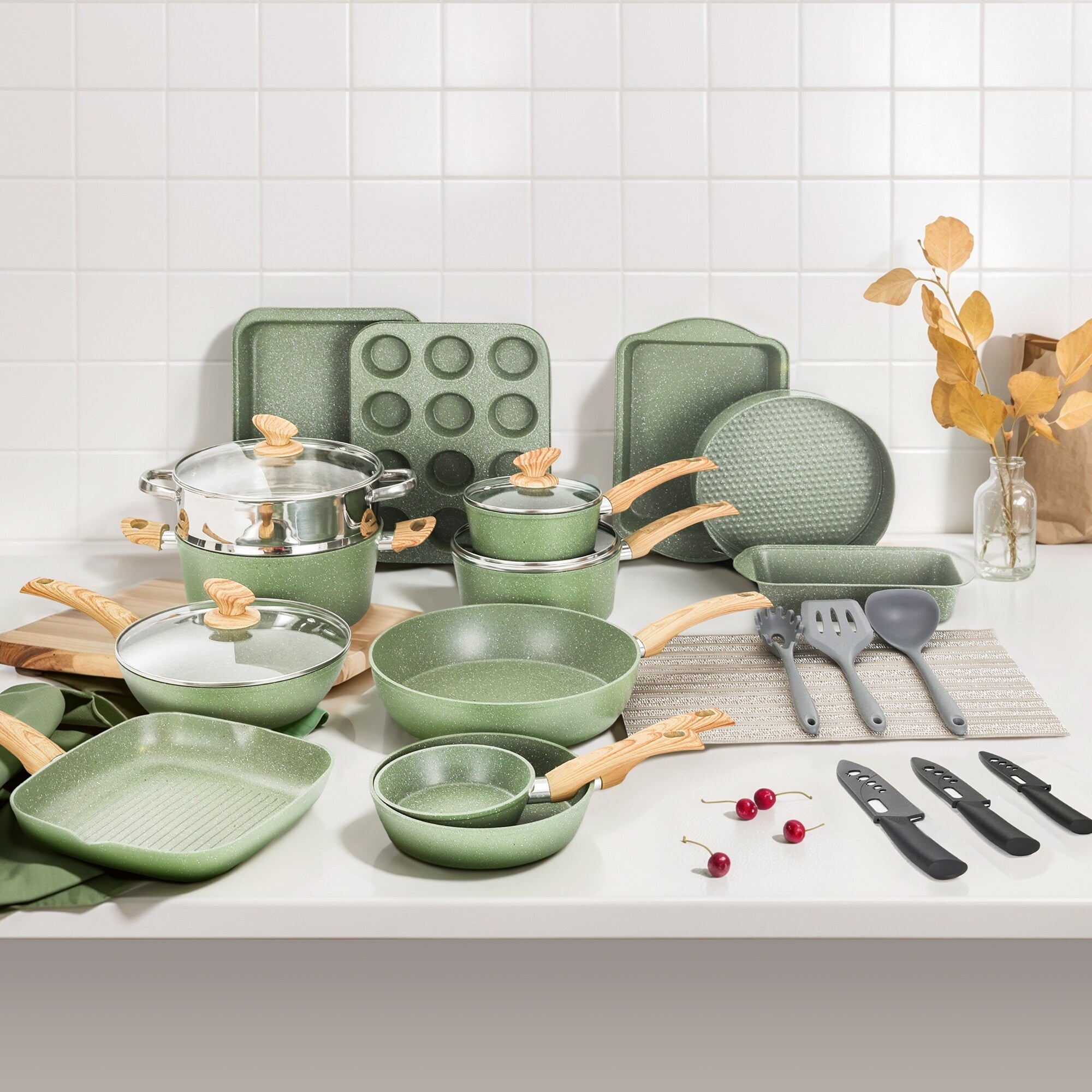 Batterie de cuisine et ustensiles de cuisson en granit de 30 pièces, ensemble de poêles de cuisson, ensemble de casseroles et poêles antiadhésives