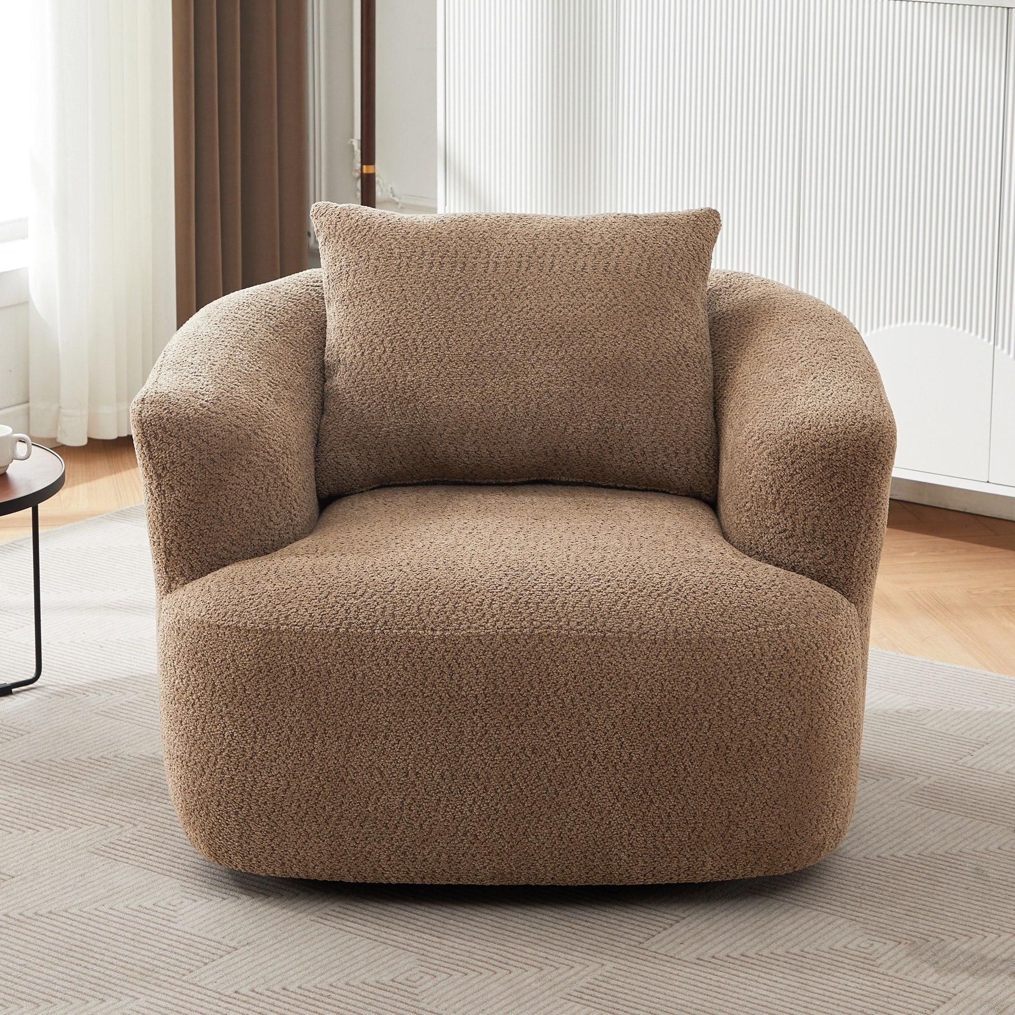 Fauteuil pivotant à 360°, fauteuil d'appoint Boucle 38,2 avec coussin décoratif, fauteuil tonneau rembourré avec accoudoirs incurvés