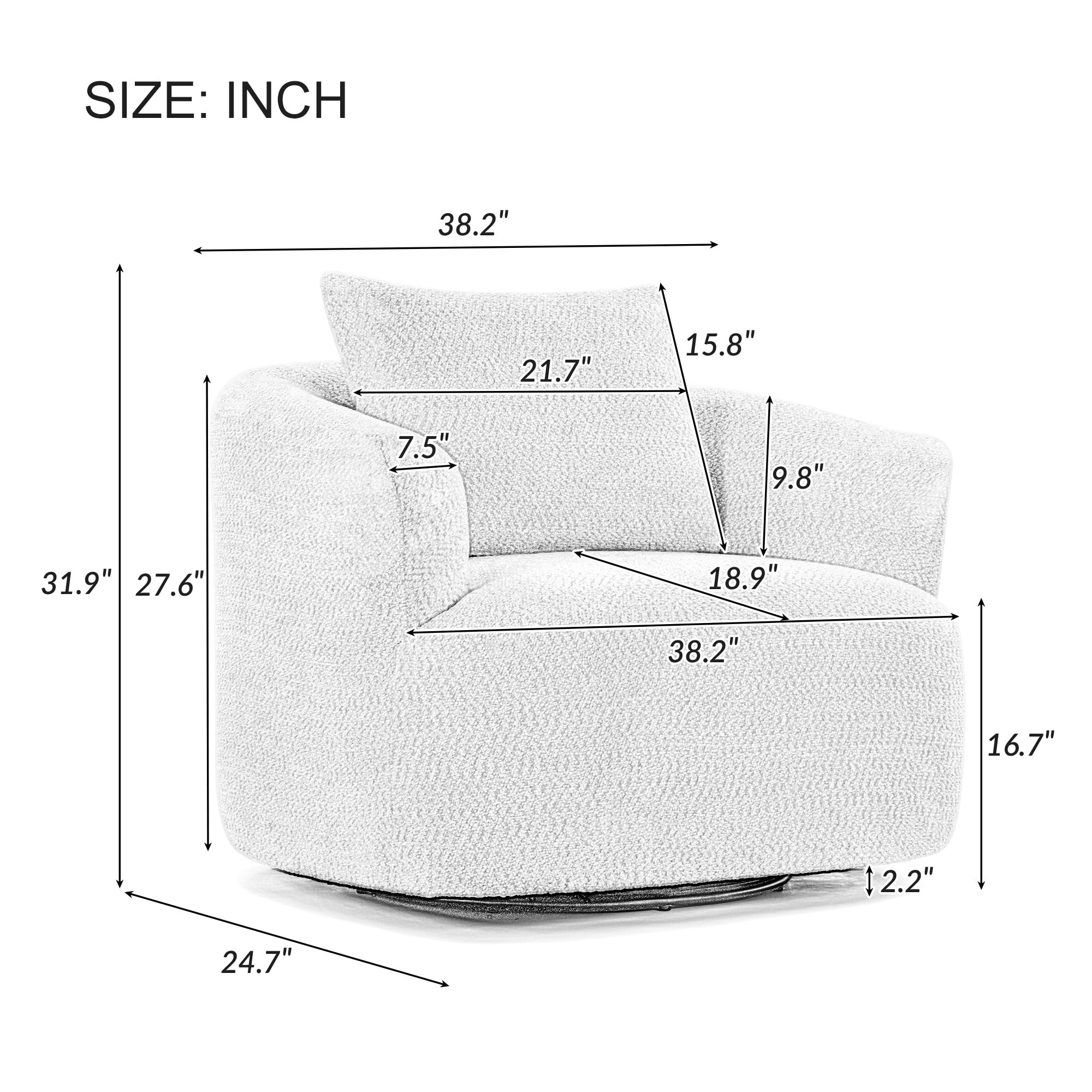 Fauteuil pivotant à 360°, fauteuil d'appoint Boucle 38,2 avec coussin décoratif, fauteuil tonneau rembourré avec accoudoirs incurvés