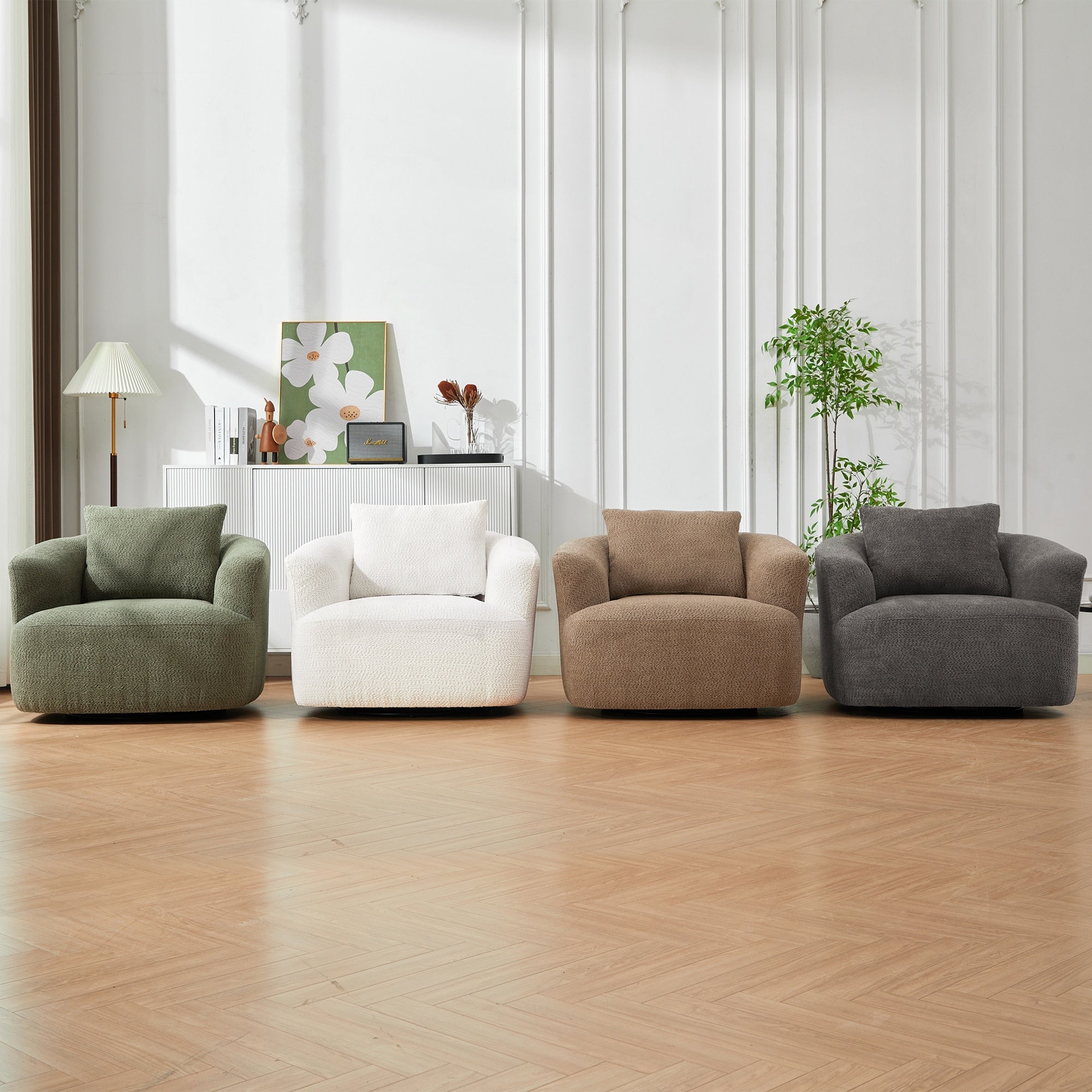 Fauteuil pivotant à 360°, fauteuil d'appoint Boucle 38,2 avec coussin décoratif, fauteuil tonneau rembourré avec accoudoirs incurvés