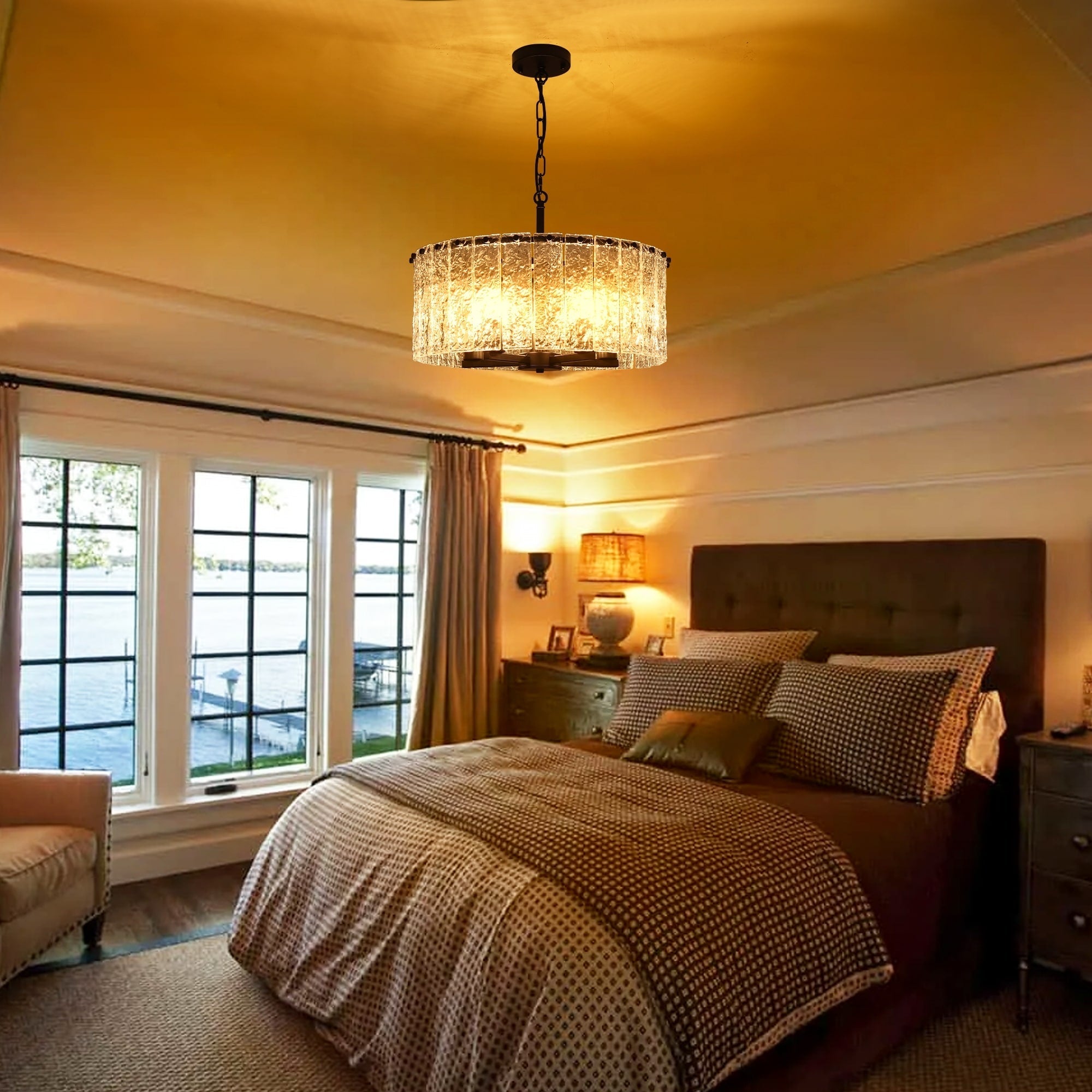 Lustre tambour rond moderne à 5 lumières, lustre semi-encastré classique, suspension pour îlot de cuisine et salle à manger