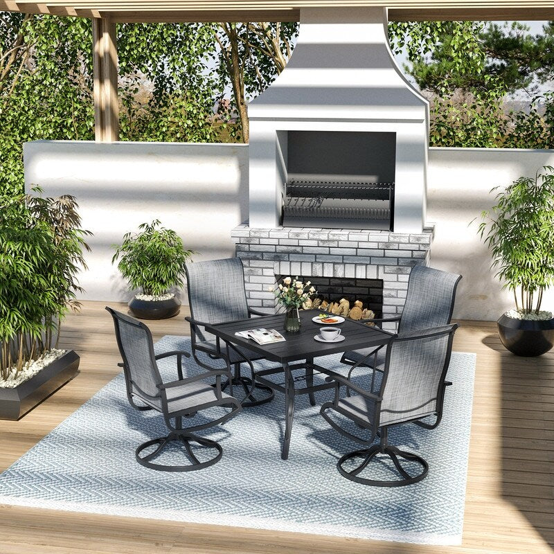 Ensemble de salle à manger d'extérieur en métal 5 pièces avec table carrée et chaises pivotantes en textilène