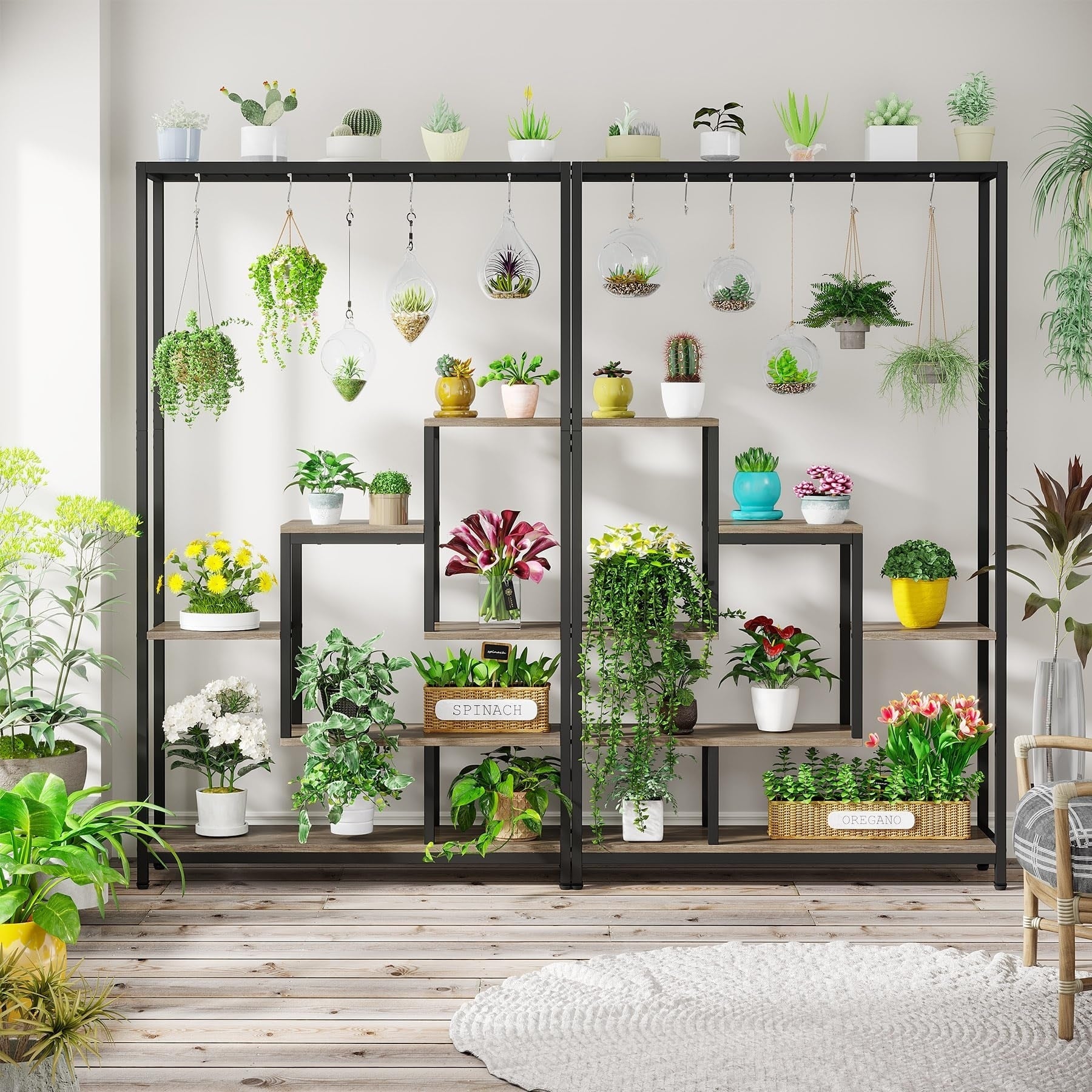 Support pour plantes d'intérieur haut à 5 niveaux, étagère pour plantes de 180 cm avec 10 crochets de suspension