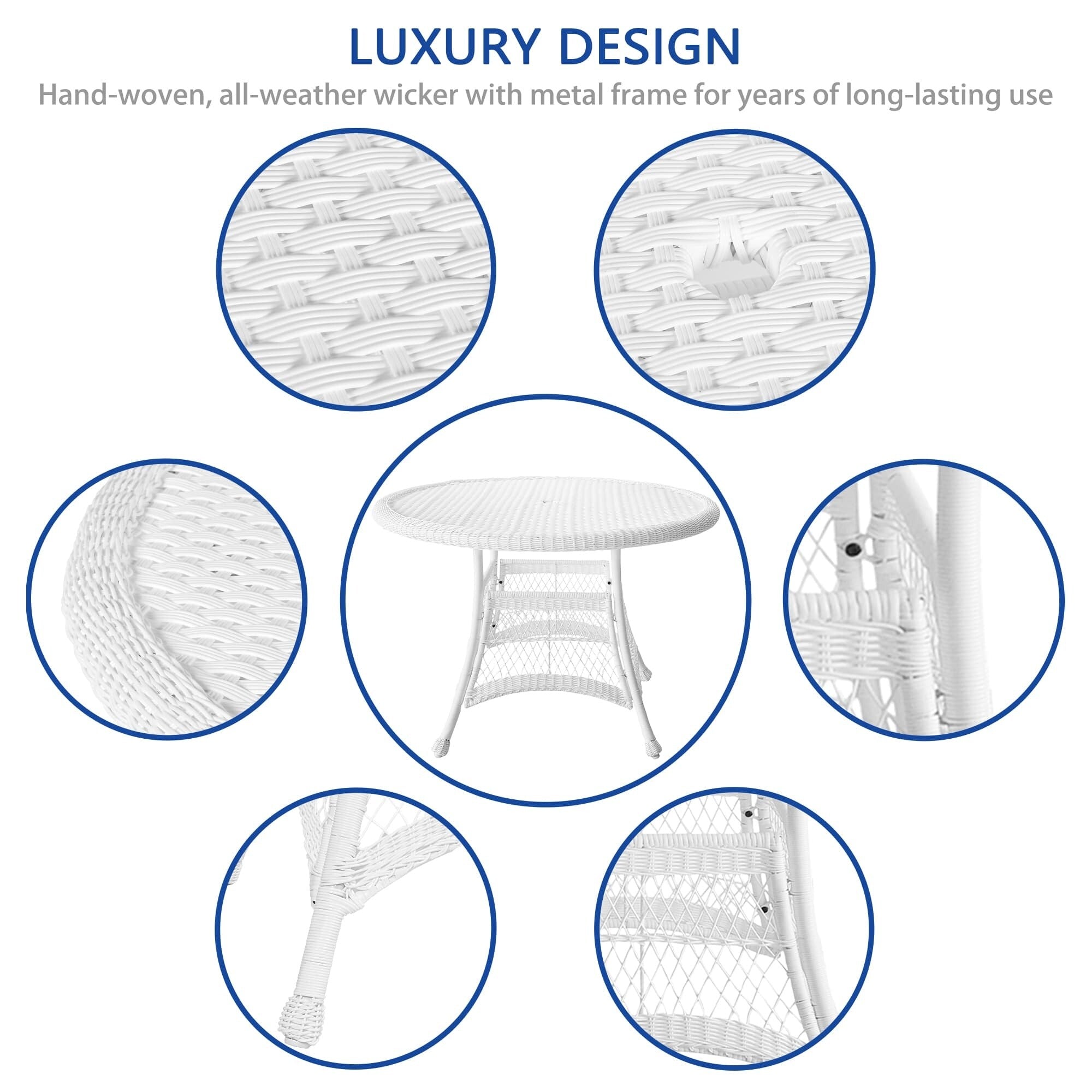 Ensemble de salle à manger en résine tressée blanche 5 pièces