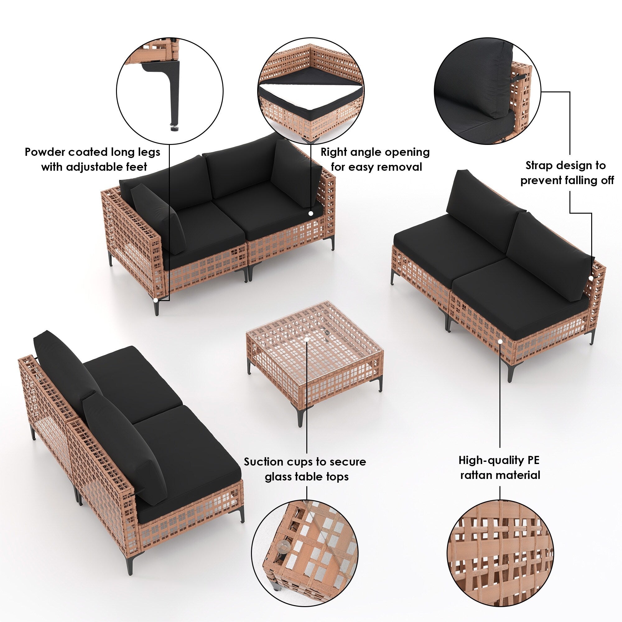 Ensemble de sièges d'extérieur sectionnels pour 6 personnes avec coussins