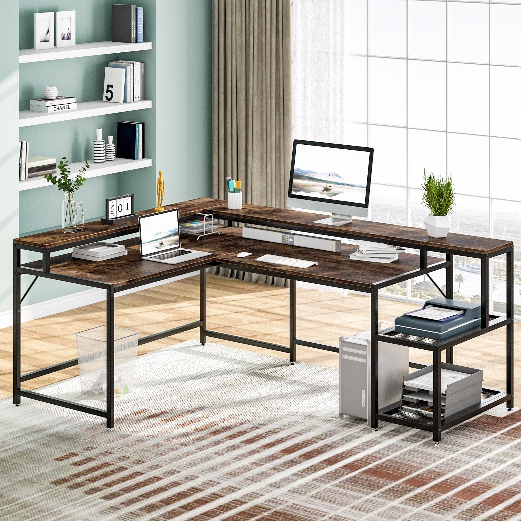 Bureau en L avec étagère pour écran, bureau d'angle réversible pour bureau à domicile 69