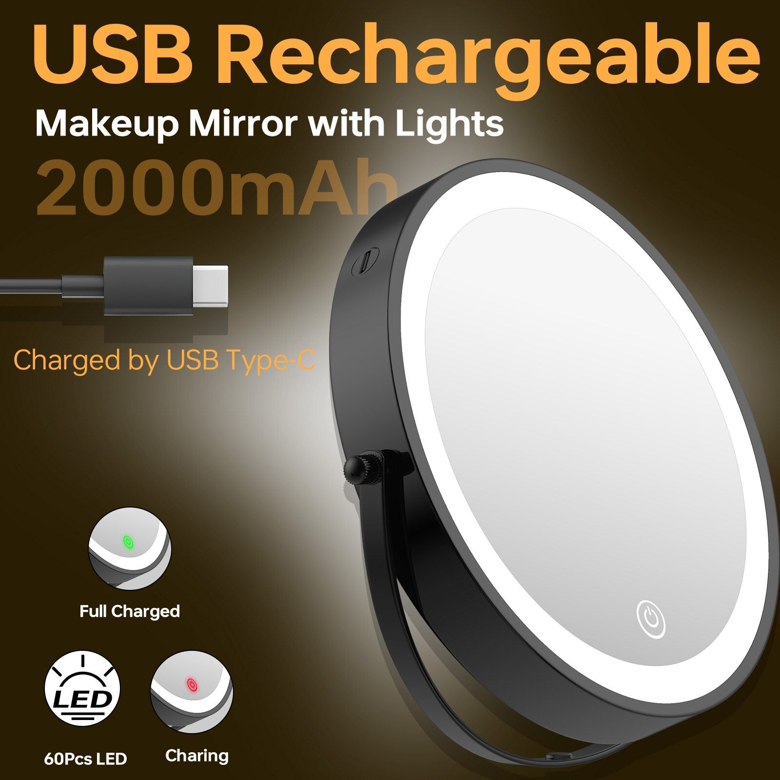 Miroir de maquillage mural rond de 8 pouces, rechargeable, grossissement 1x/10x, 3 lumières colorées