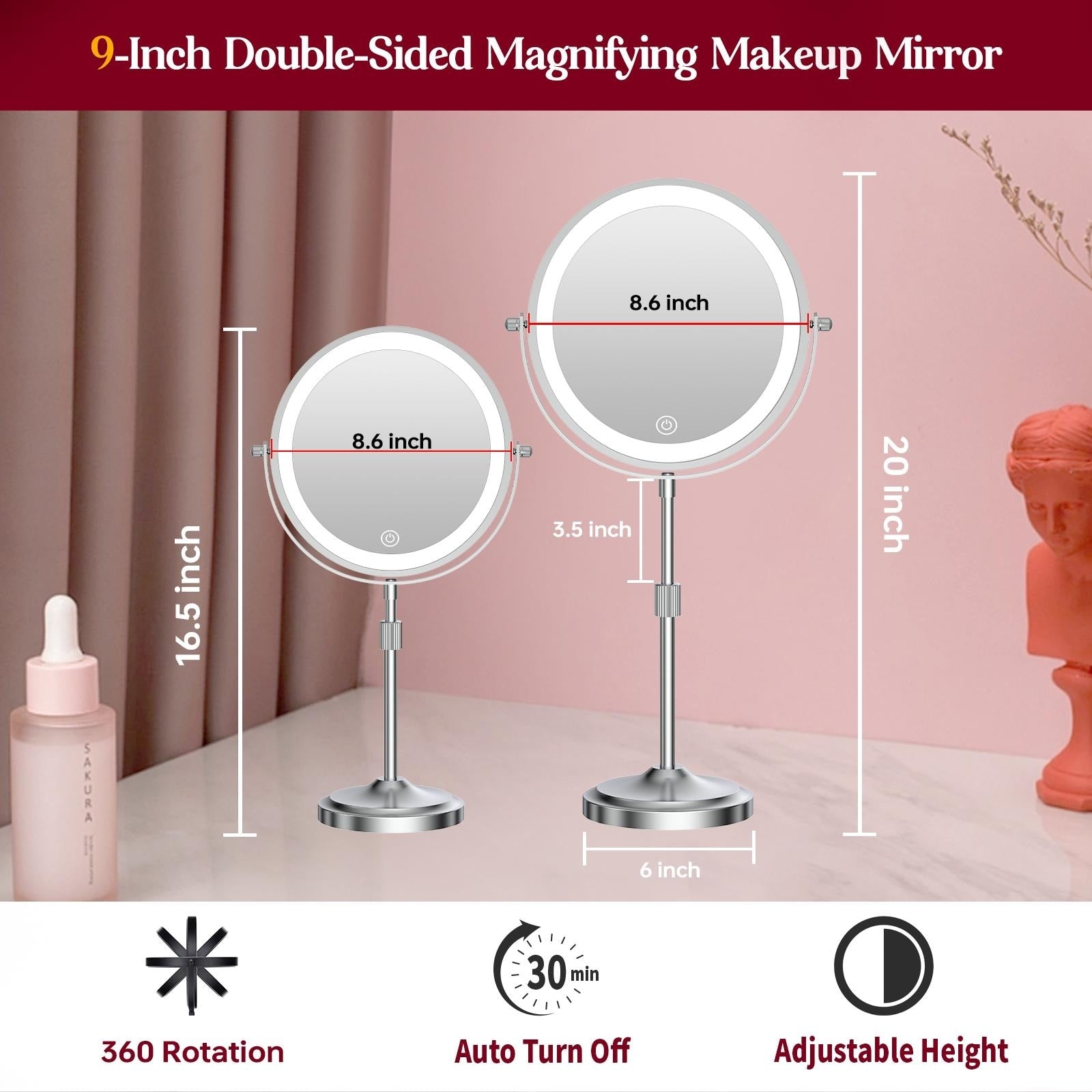 Miroir de maquillage éclairé à 9 LED, miroir grossissant double face avec grossissement 1X/10x, 3 couleurs d'éclairage
