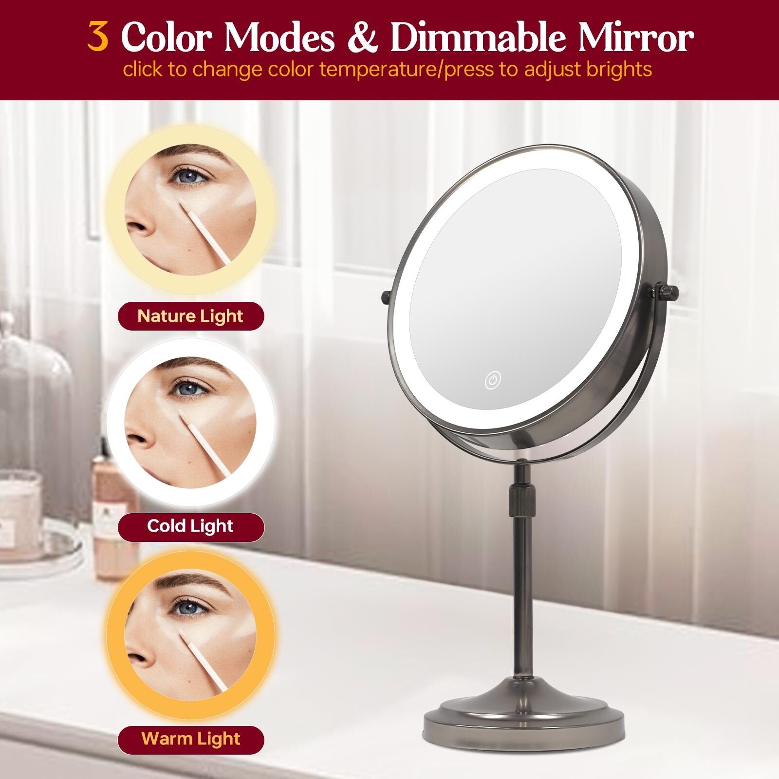 Miroir de maquillage éclairé à 9 LED, miroir grossissant double face avec grossissement 1X/10x, 3 couleurs d'éclairage