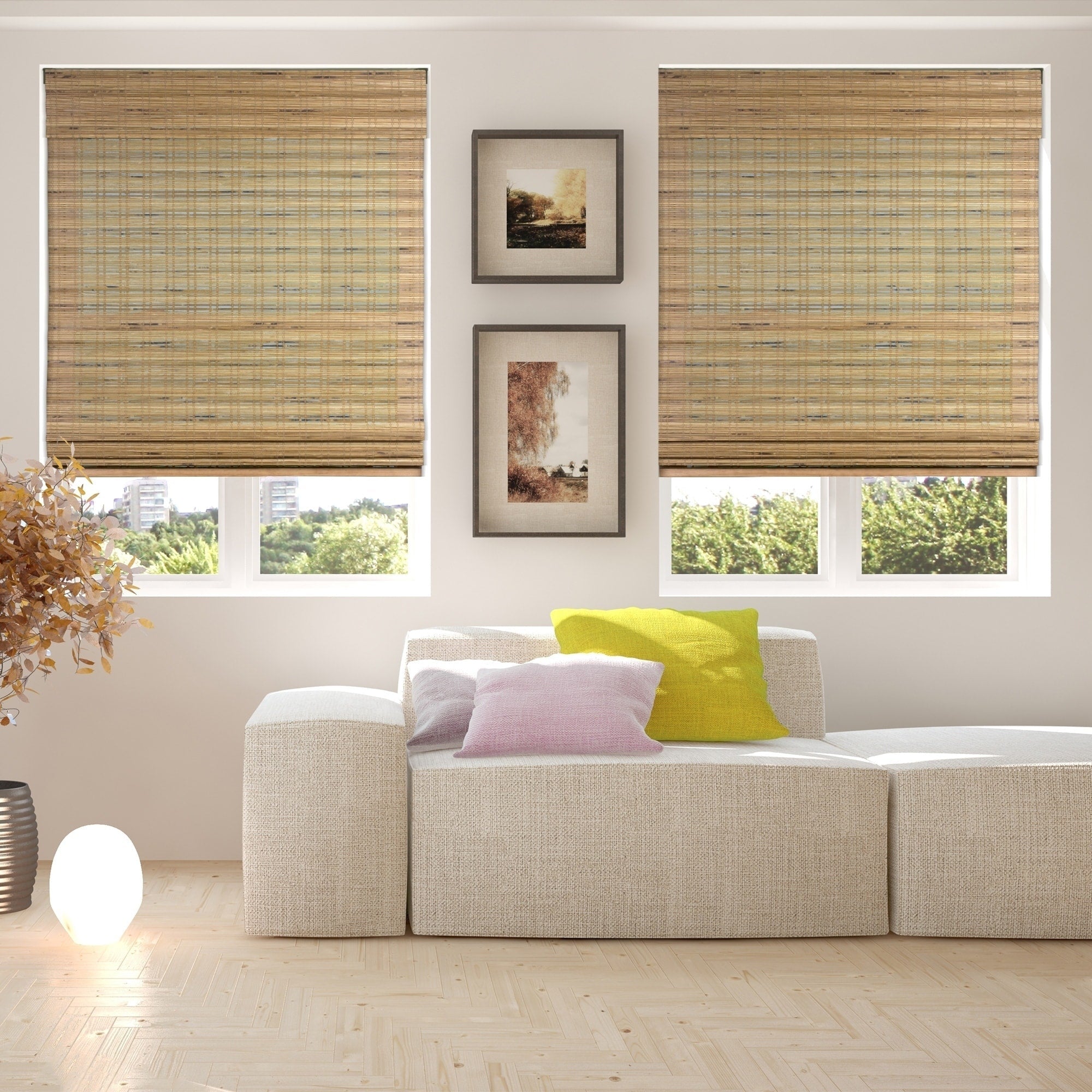 Stores romains en bambou Arlo Blinds Tuscan de 74 pouces de hauteur, sans fil et relevables