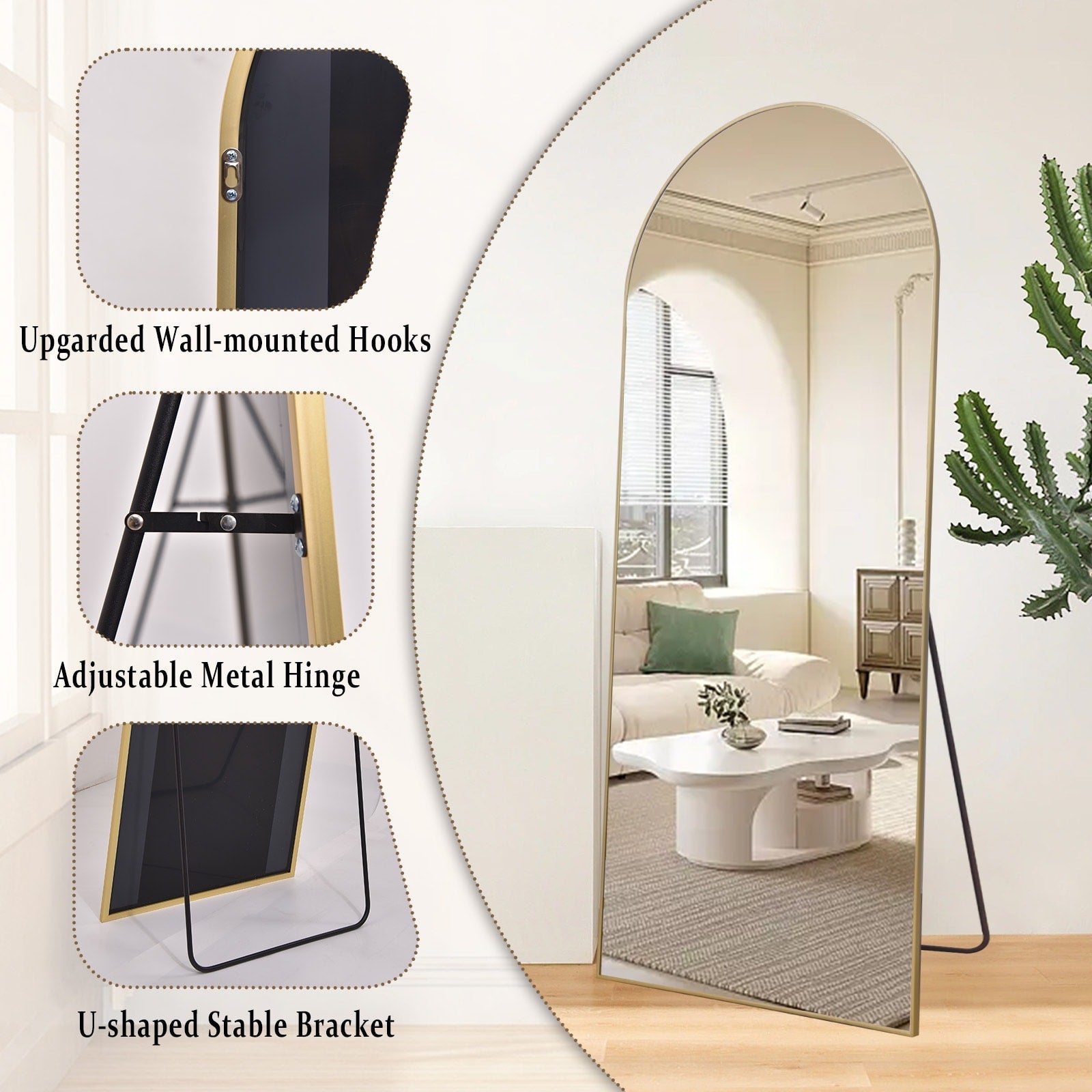 Miroir mural en forme d'arche en métal sur toute la longueur