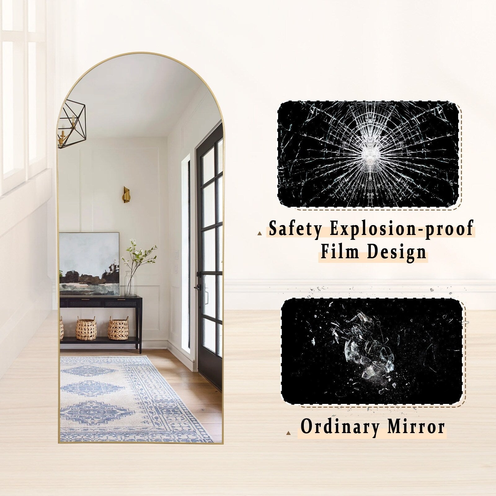 Miroir mural en forme d'arche en métal sur toute la longueur