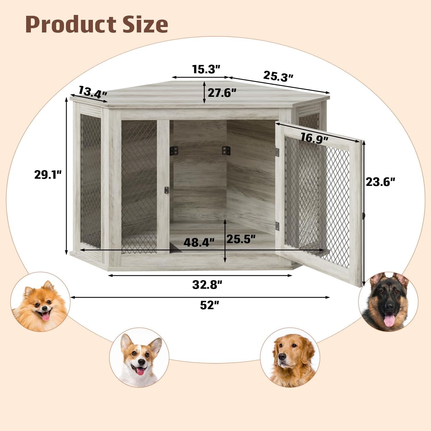 Niche d'angle pour chien Bossin, niche en bois de 44/52 pouces avec filet, niche décorative en bois pour chien, idéale pour l'intérieur