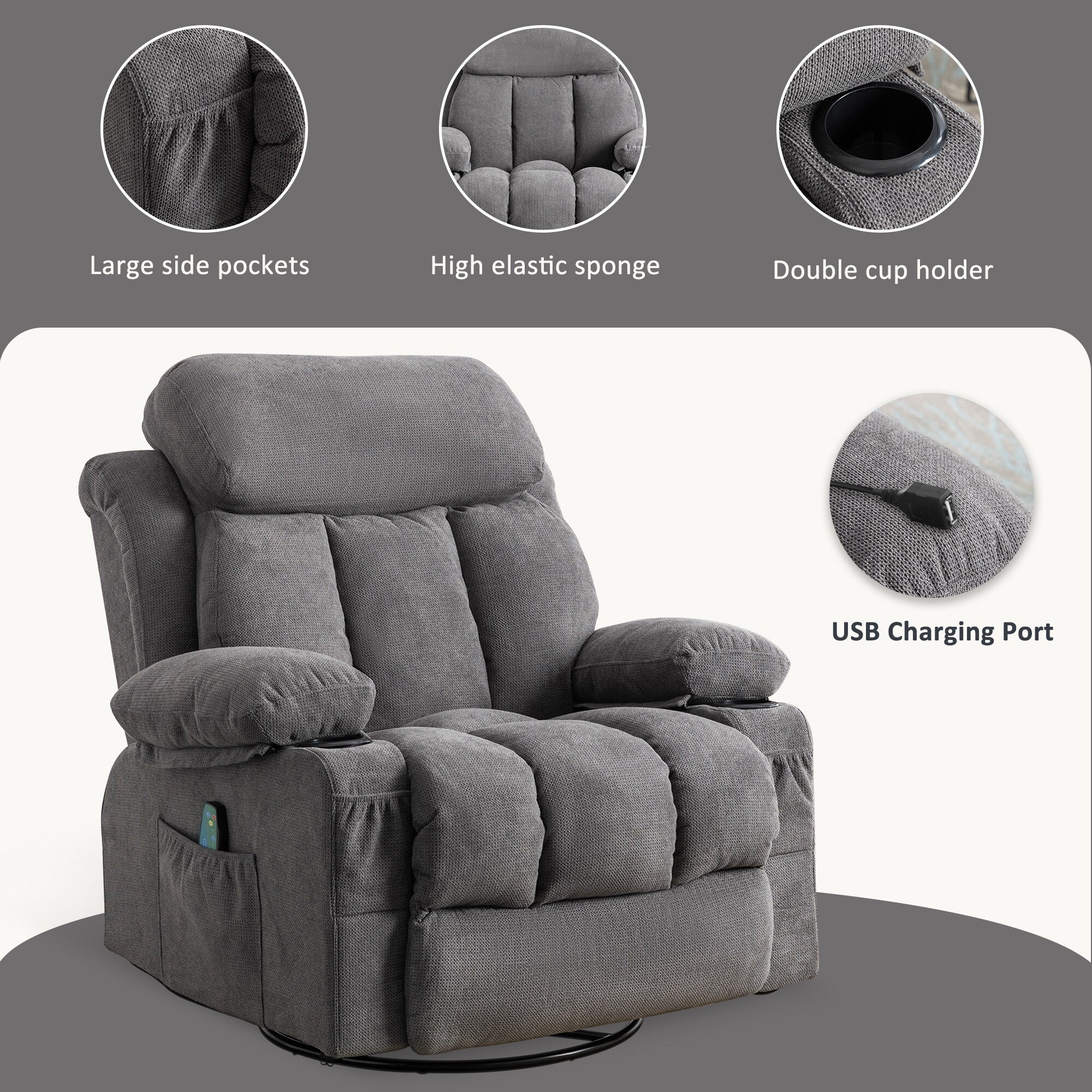 Fauteuil inclinable pivotant beige avec massage, chauffage et chargement USB