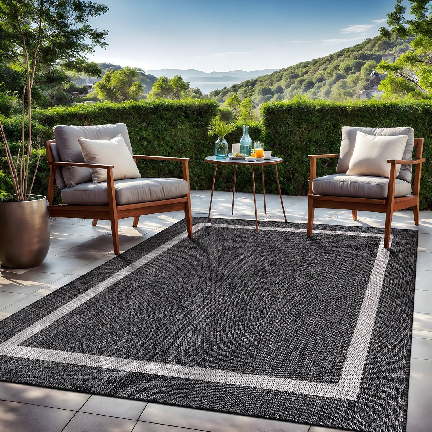 Tapis d'intérieur/extérieur moderne à bordures Beverly Rug, moquette d'extérieur pour patio, terrasse, porche