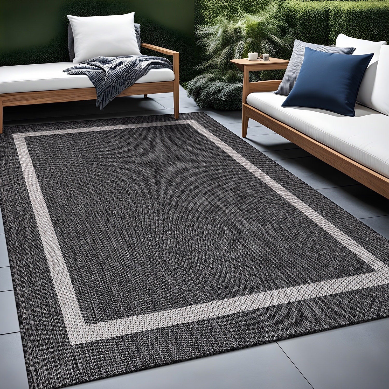 Tapis d'intérieur/extérieur moderne à bordures Beverly Rug, moquette d'extérieur pour patio, terrasse, porche