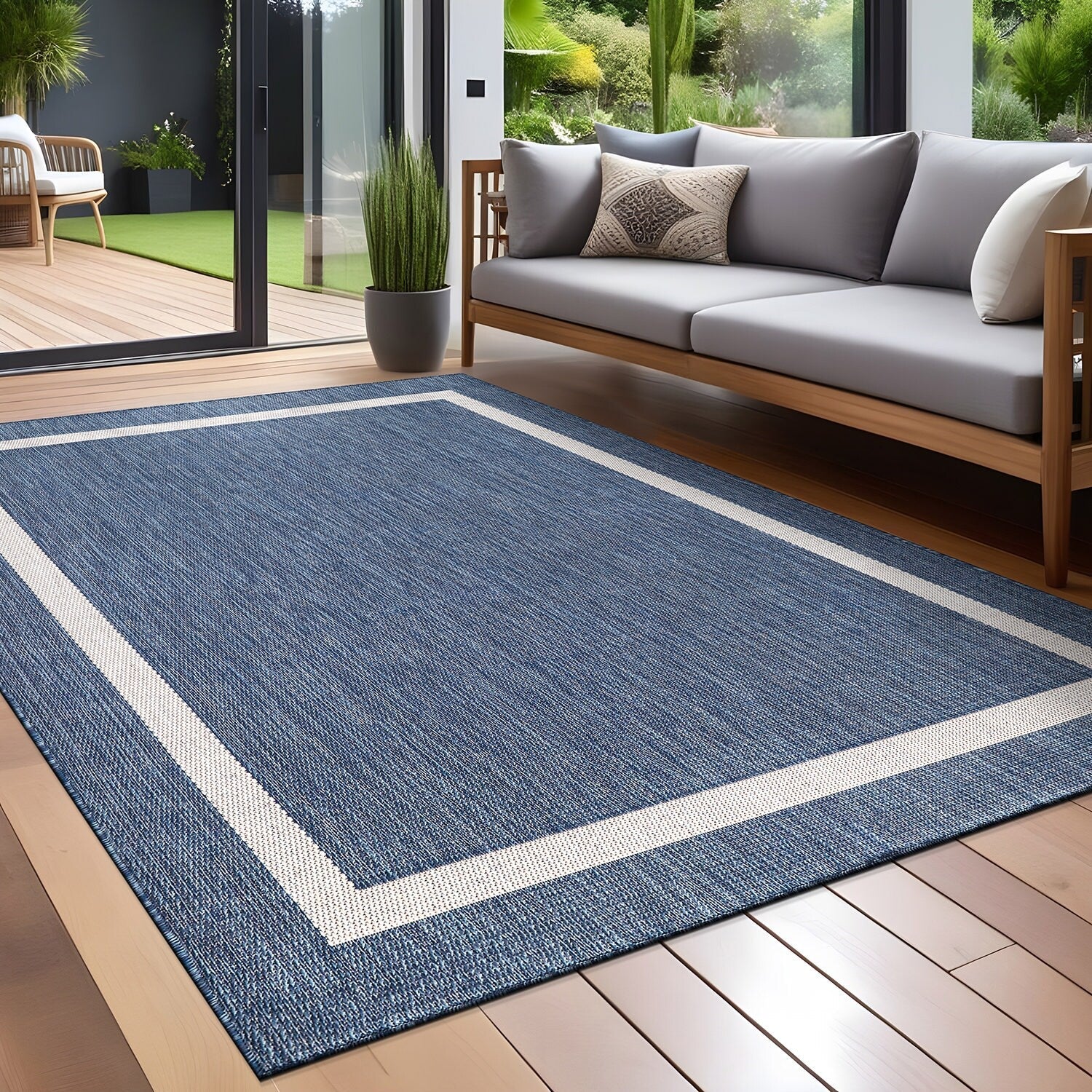 Tapis d'intérieur/extérieur moderne à bordures Beverly Rug, moquette d'extérieur pour patio, terrasse, porche