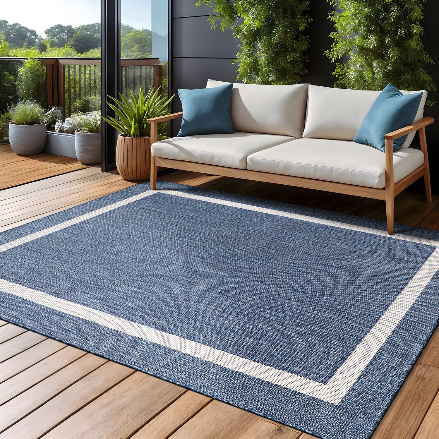 Tapis d'intérieur/extérieur moderne à bordures Beverly Rug, moquette d'extérieur pour patio, terrasse, porche