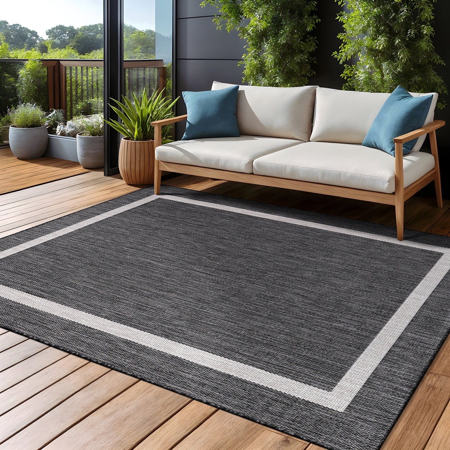 Tapis d'intérieur/extérieur moderne à bordures Beverly Rug, moquette d'extérieur pour patio, terrasse, porche