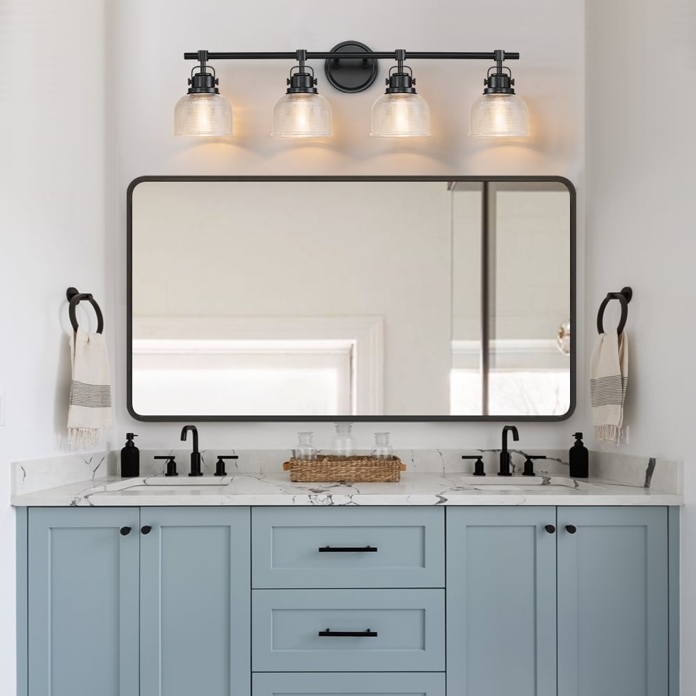 Applique murale de salle de bain noire avec abat-jour en verre prismatique transparent