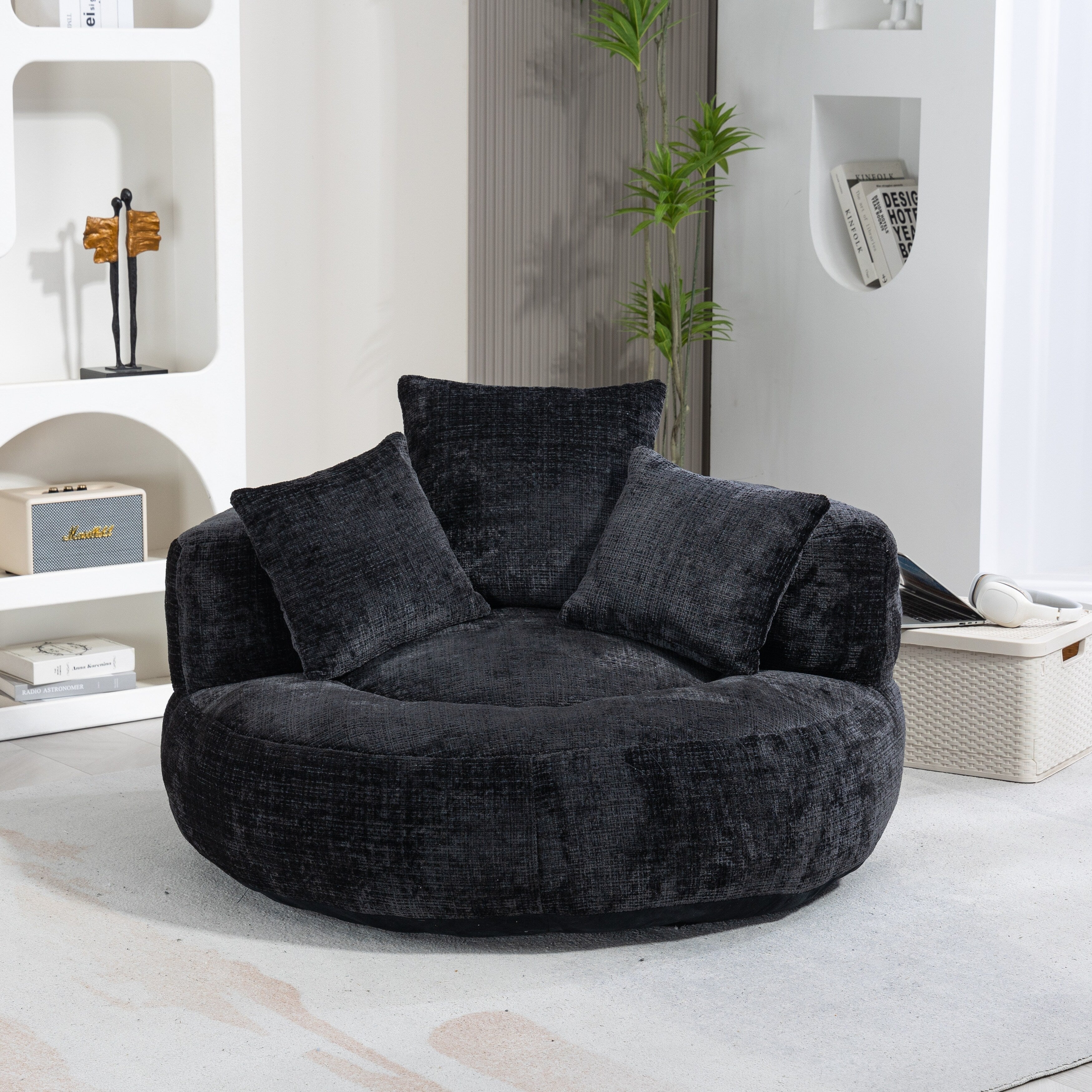 Pouf simple surdimensionné en chenille noir de 42,52 pouces avec trois oreillers pour chambre à coucher