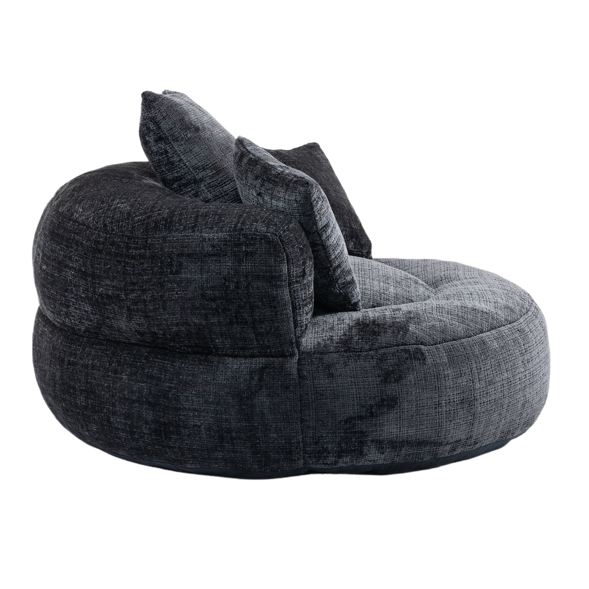 Pouf simple surdimensionné en chenille noir de 42,52 pouces avec trois oreillers pour chambre à coucher