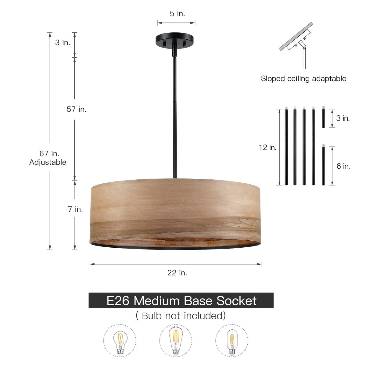 Lustre tambour Breaux à 4 lumières en placage de bois avec auvent noir - 22 po de largeur