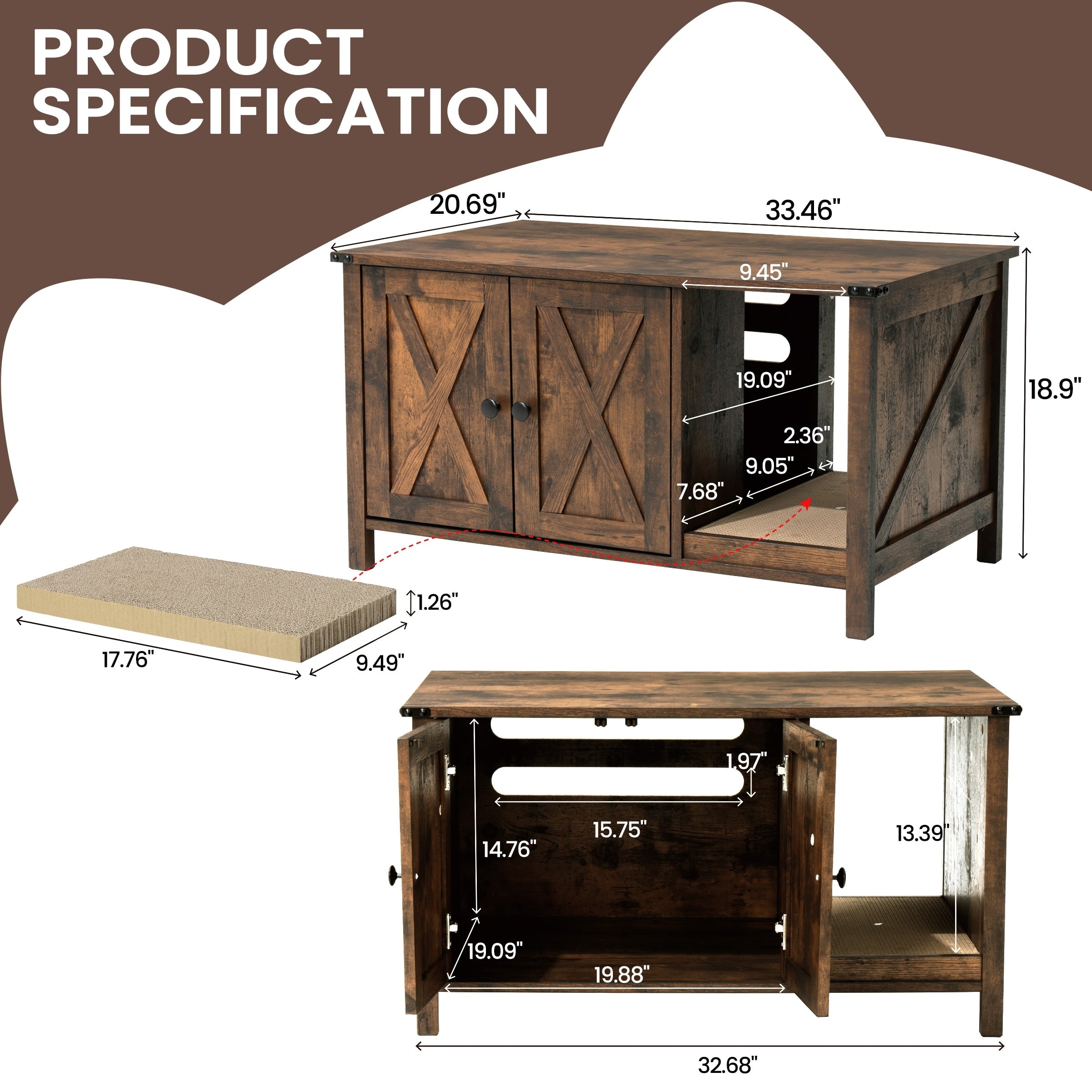 Enceinte de litière pour chat, meuble de toilette en bois caché avec griffoir