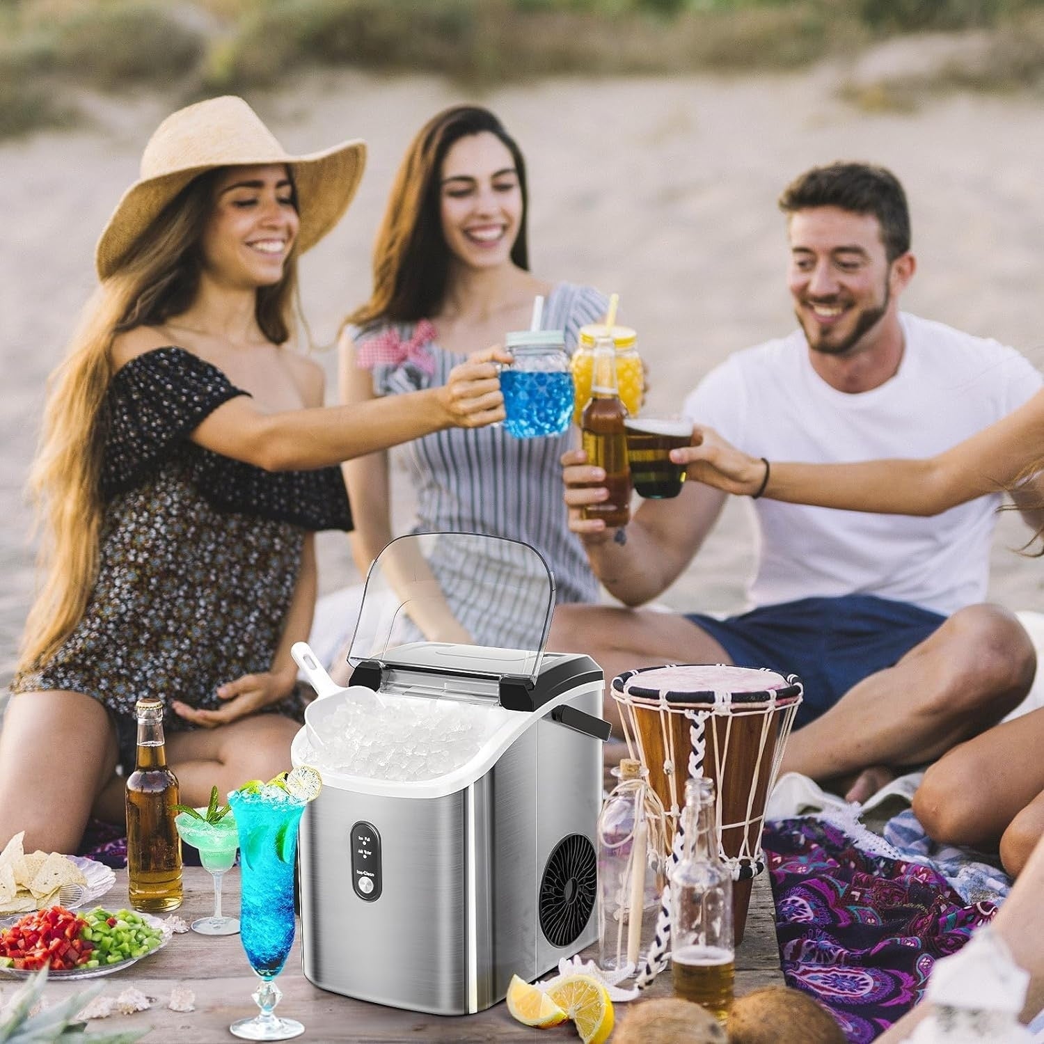 Machine à glaçons portable de comptoir Nugget Ice avec boutons mécaniques, équipée d'un panier à glaçons et d'une pelle à glaçons, en acier inoxydable