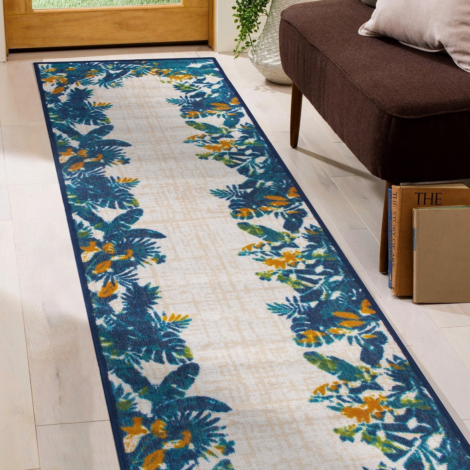 Tapis d'intérieur/extérieur à bordure florale contemporaine