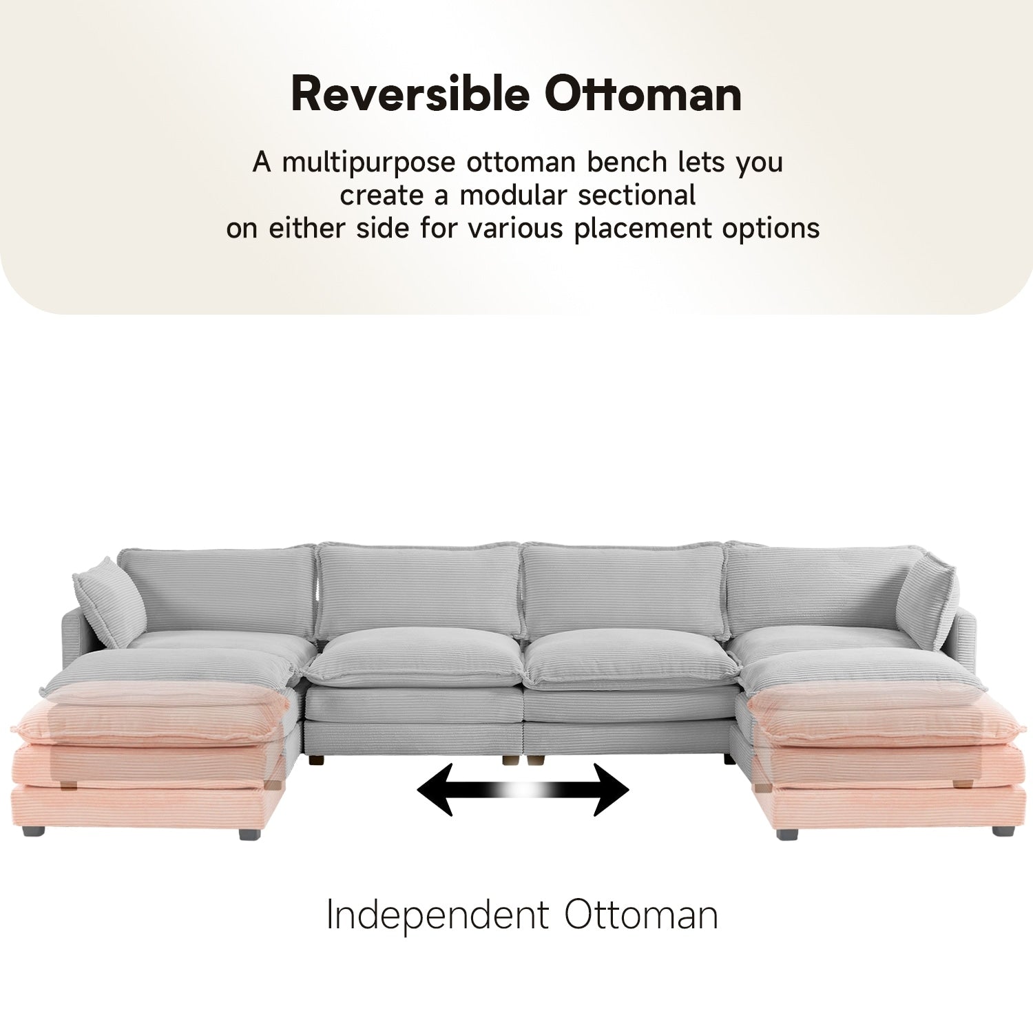 Canapé sectionnel en velours côtelé avec poufs amovibles et coussins ultra-doux pour salon et chambre