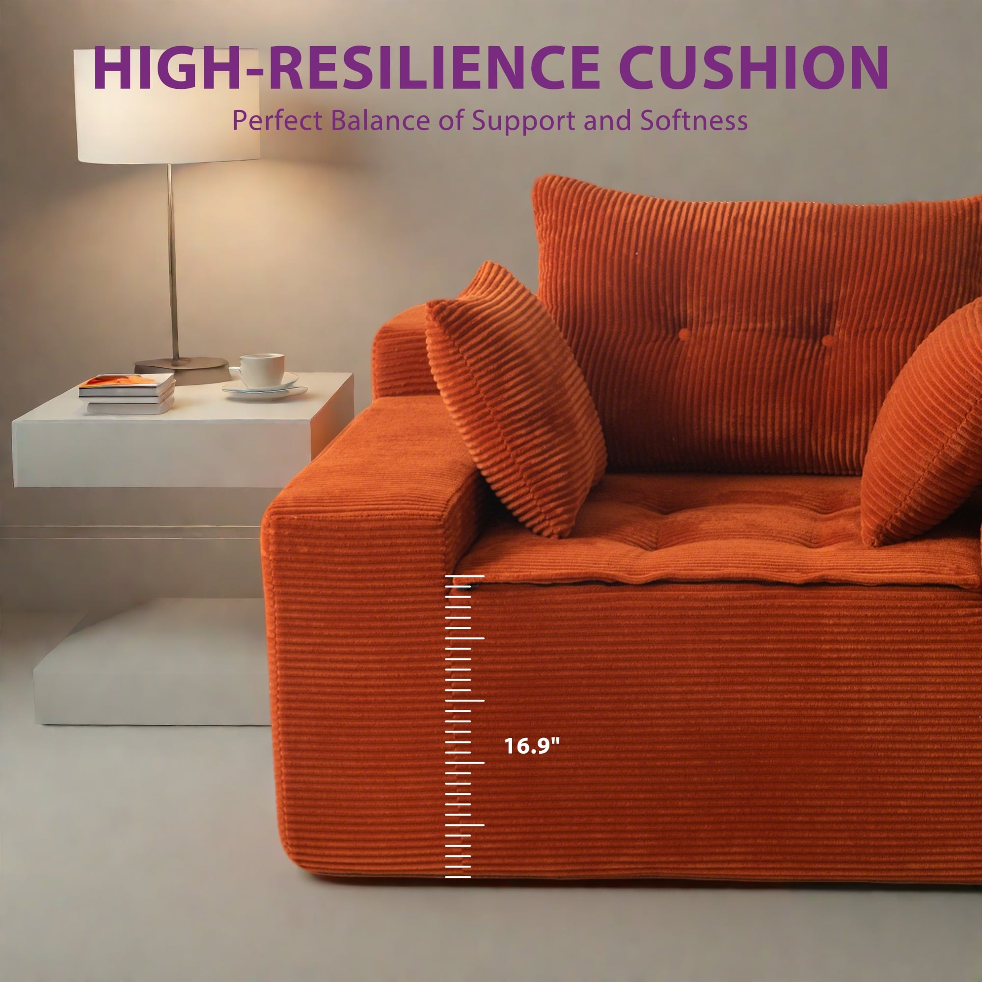 Canapé pouf rembourré en velours côtelé et mousse à mémoire de forme avec pouf - 48,4 L x 67,7 l x 24,4 H