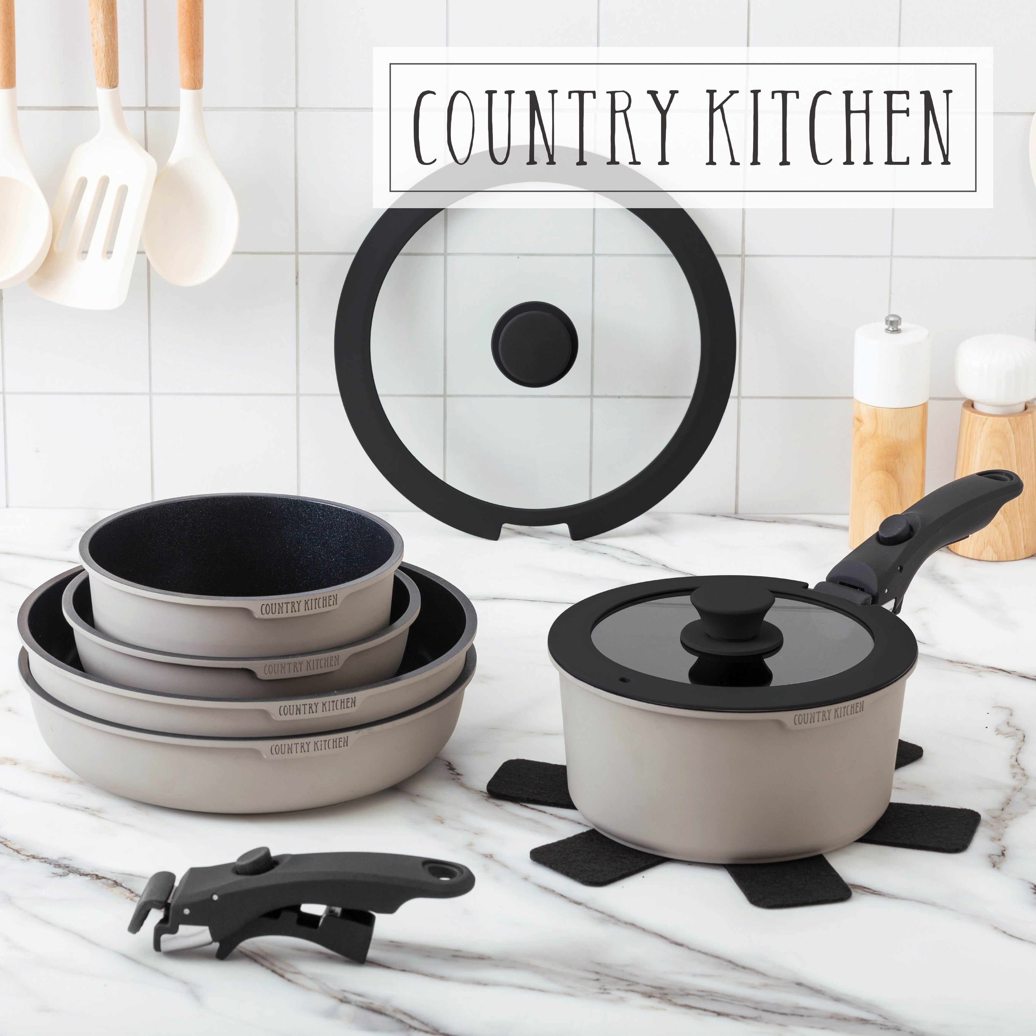 Batterie de cuisine Country Kitchen 16 pièces pour camping-car, en céramique avec poignée amovible, compatible avec le four
