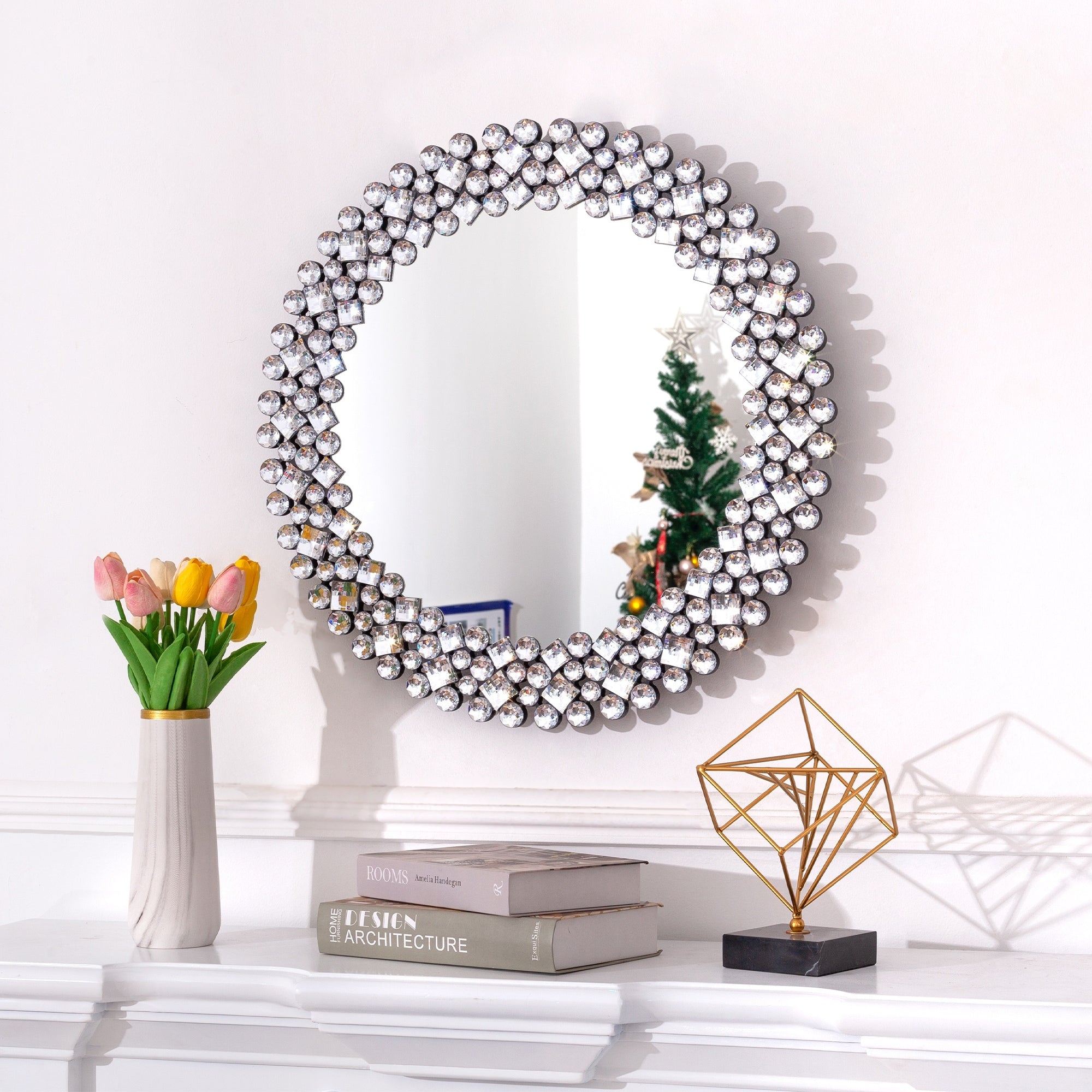 Miroir mural rond avec accents en cristal