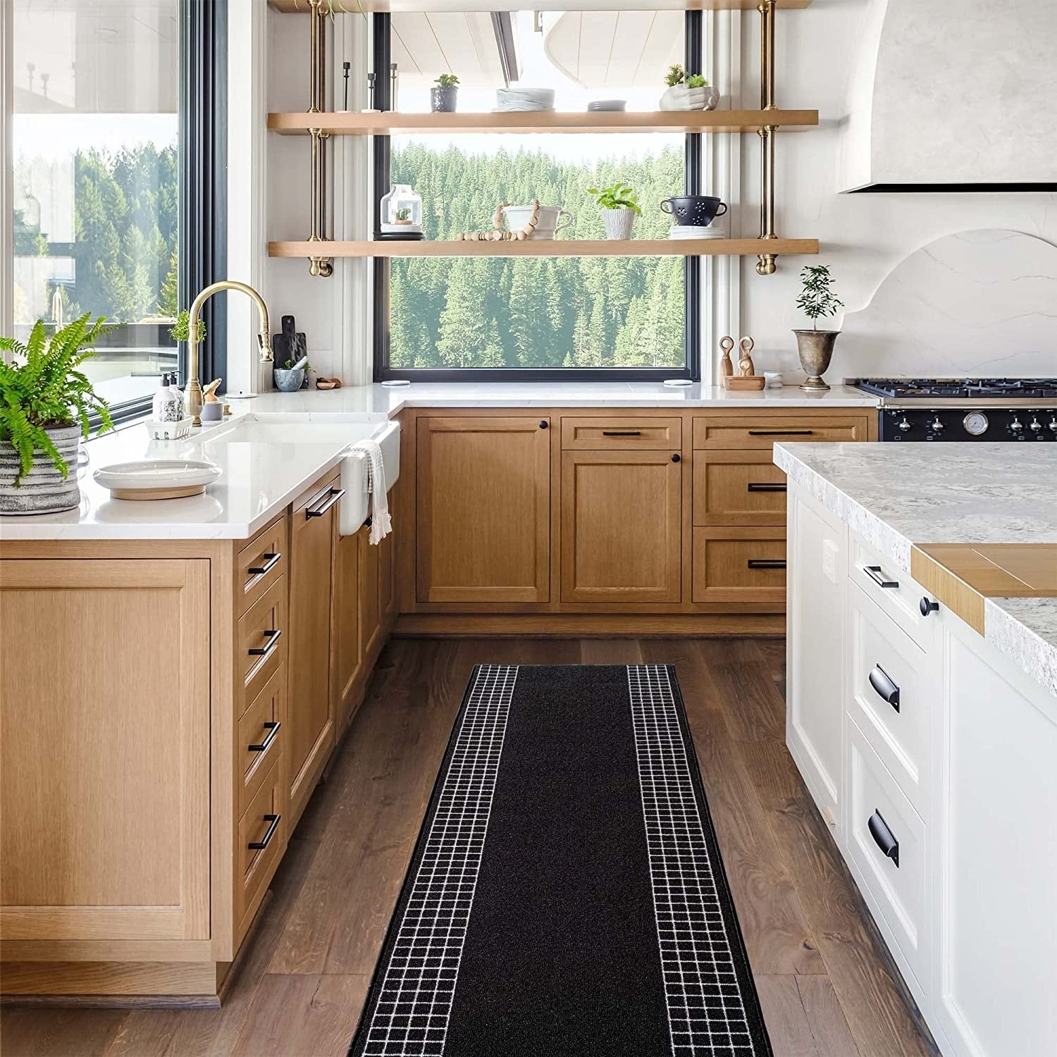 Tapis de couloir contemporain antidérapant à bordure à carreaux de 26 pouces de large