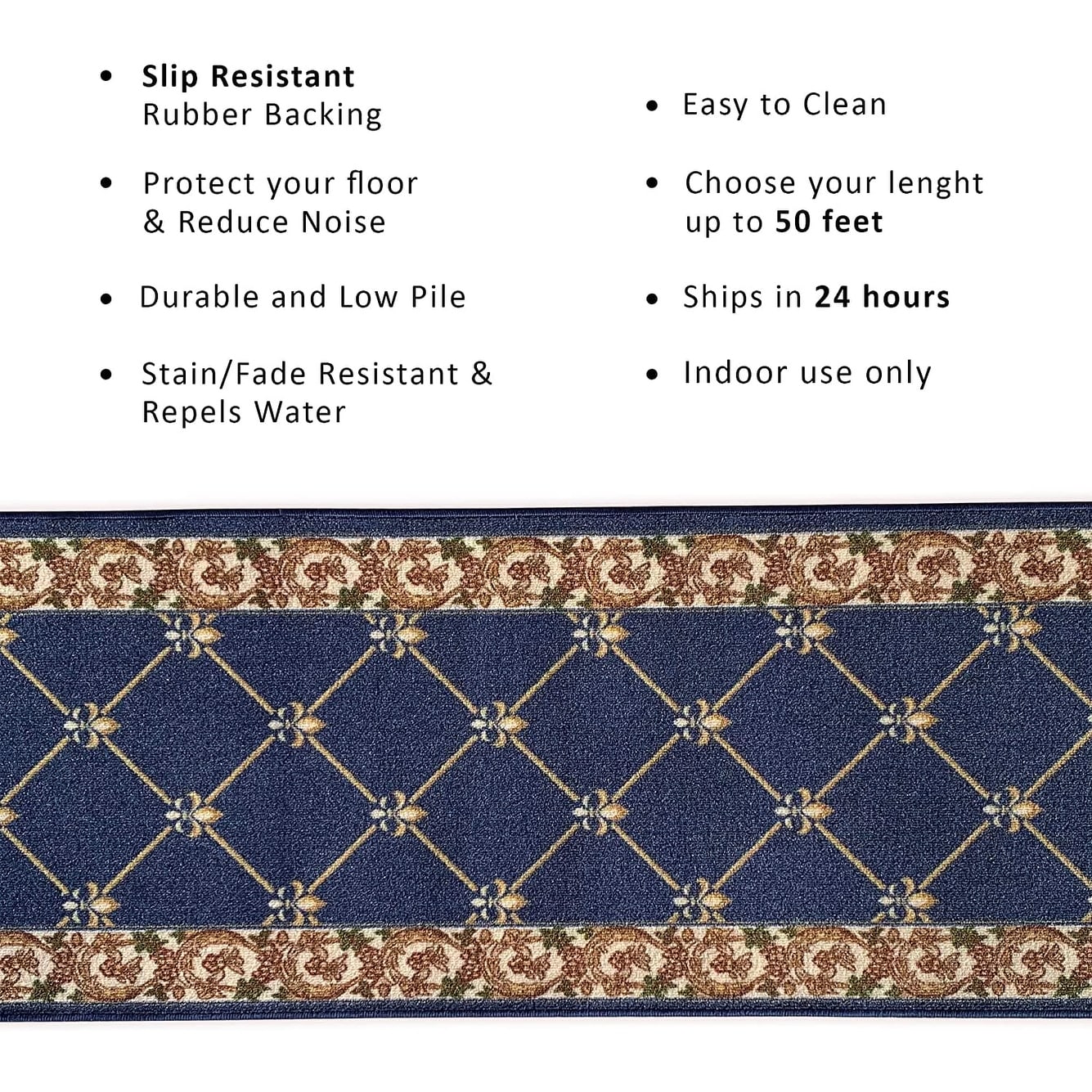 Tapis d'escalier antidérapant Fleur De Lis de 26 pouces de large, sur mesure