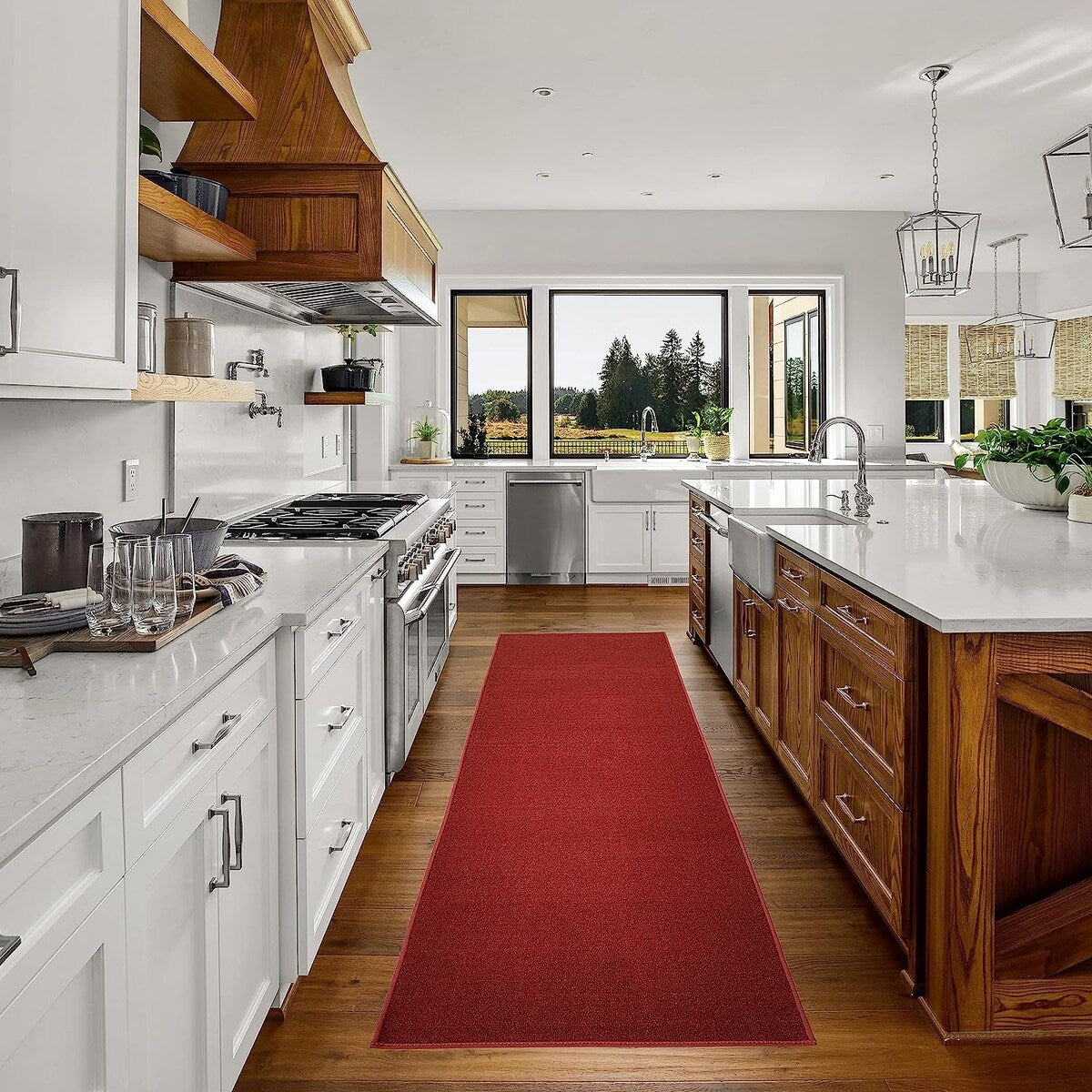 Tapis de couloir uni sur mesure, couleur beige, marron et rouge, avec envers en caoutchouc antidérapant, 66 cm de large et longueur au choix.