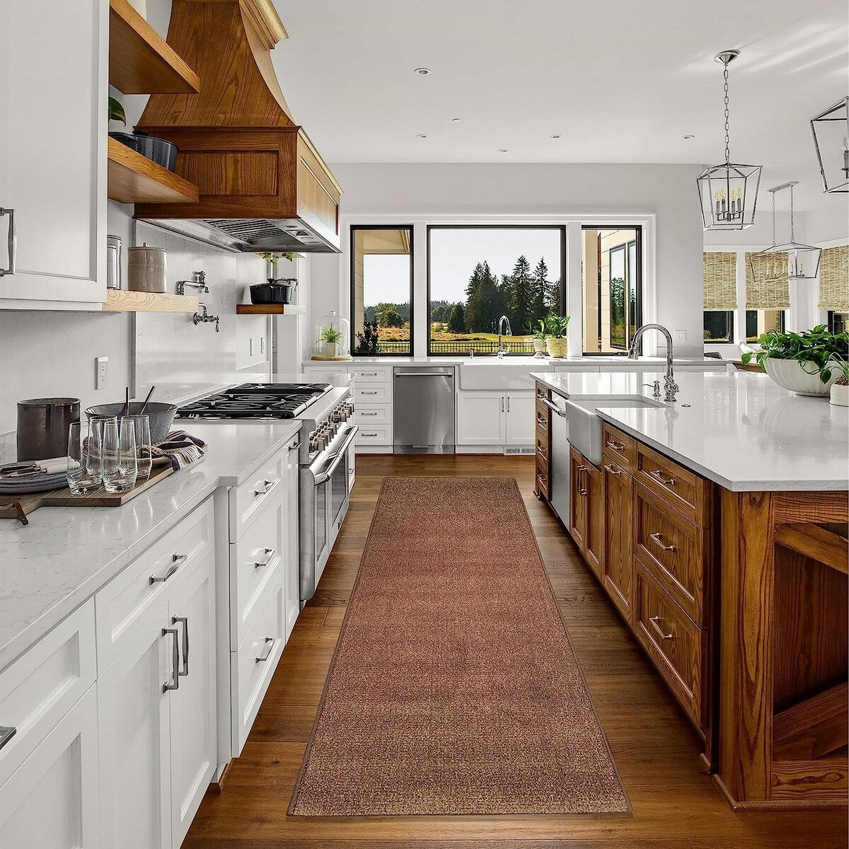 Tapis de couloir uni sur mesure, couleur beige, marron et rouge, avec envers en caoutchouc antidérapant, 66 cm de large et longueur au choix.