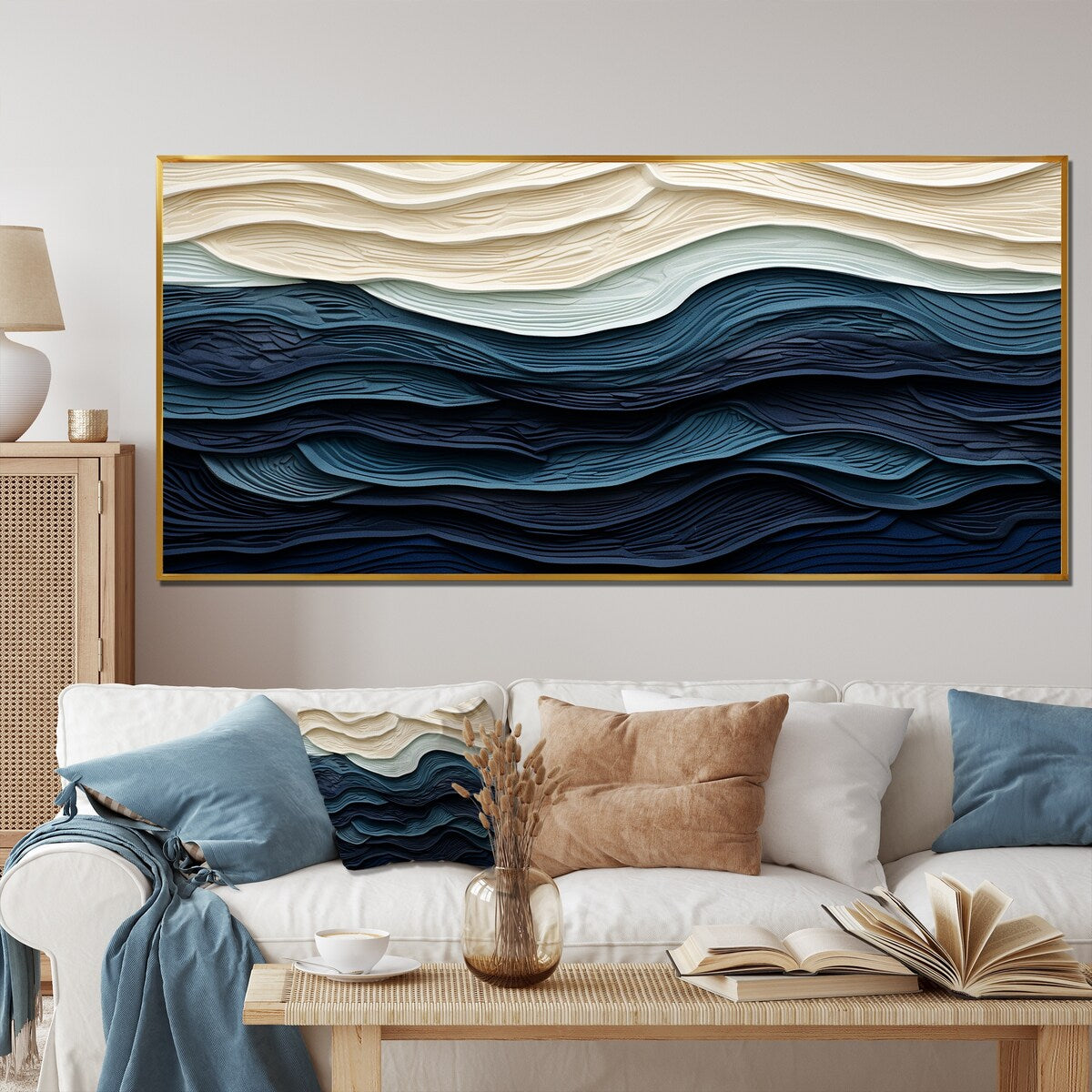 Designart Bleu et Blanc Vague Côtière Bord S Minimalisme Côtier Bleu Décoration Murale Salon Côtier Toile Encadrée Art