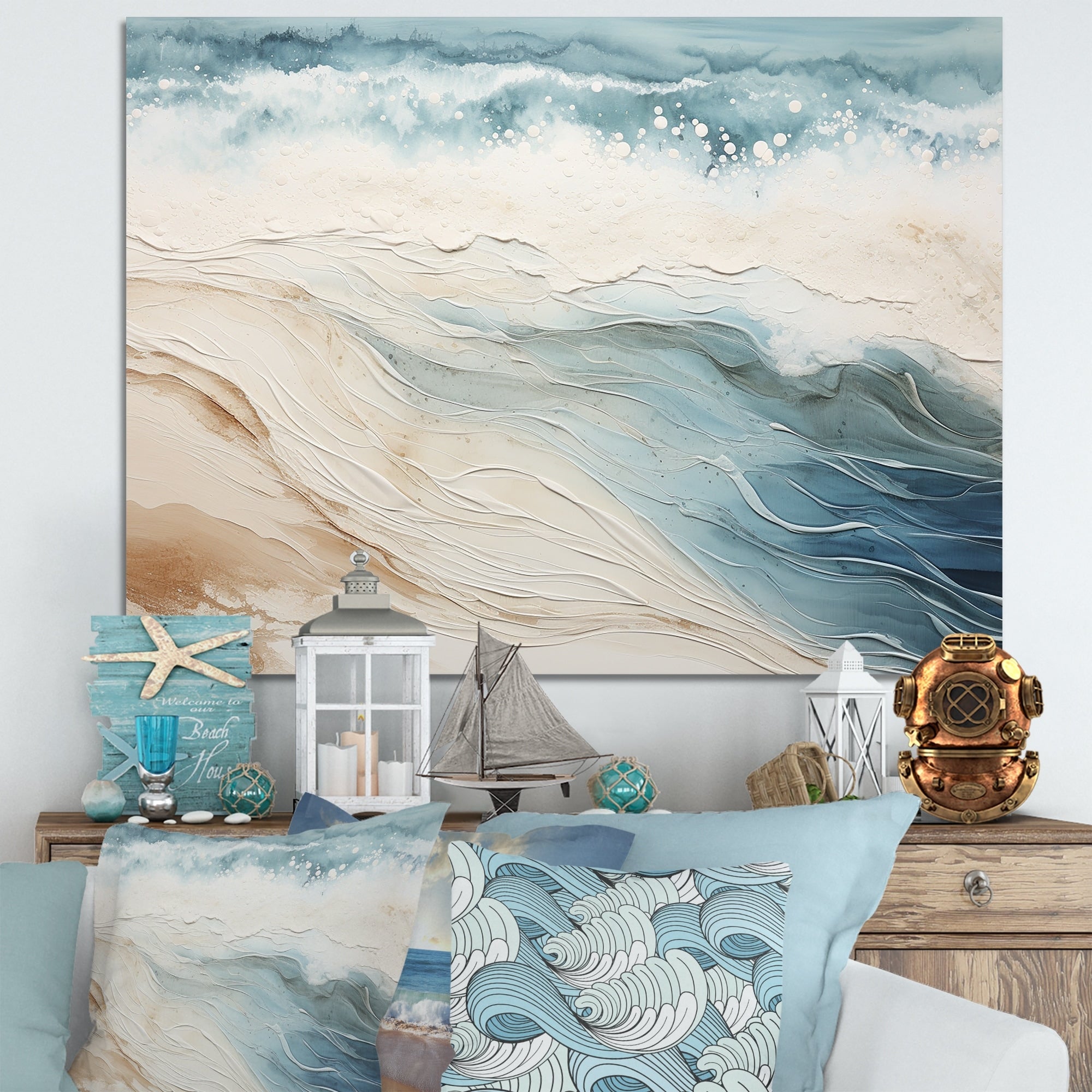 Designart Moderne Bleu Et Beige Sable Vue Aérienne V Plage Côtière Sable Art Mural