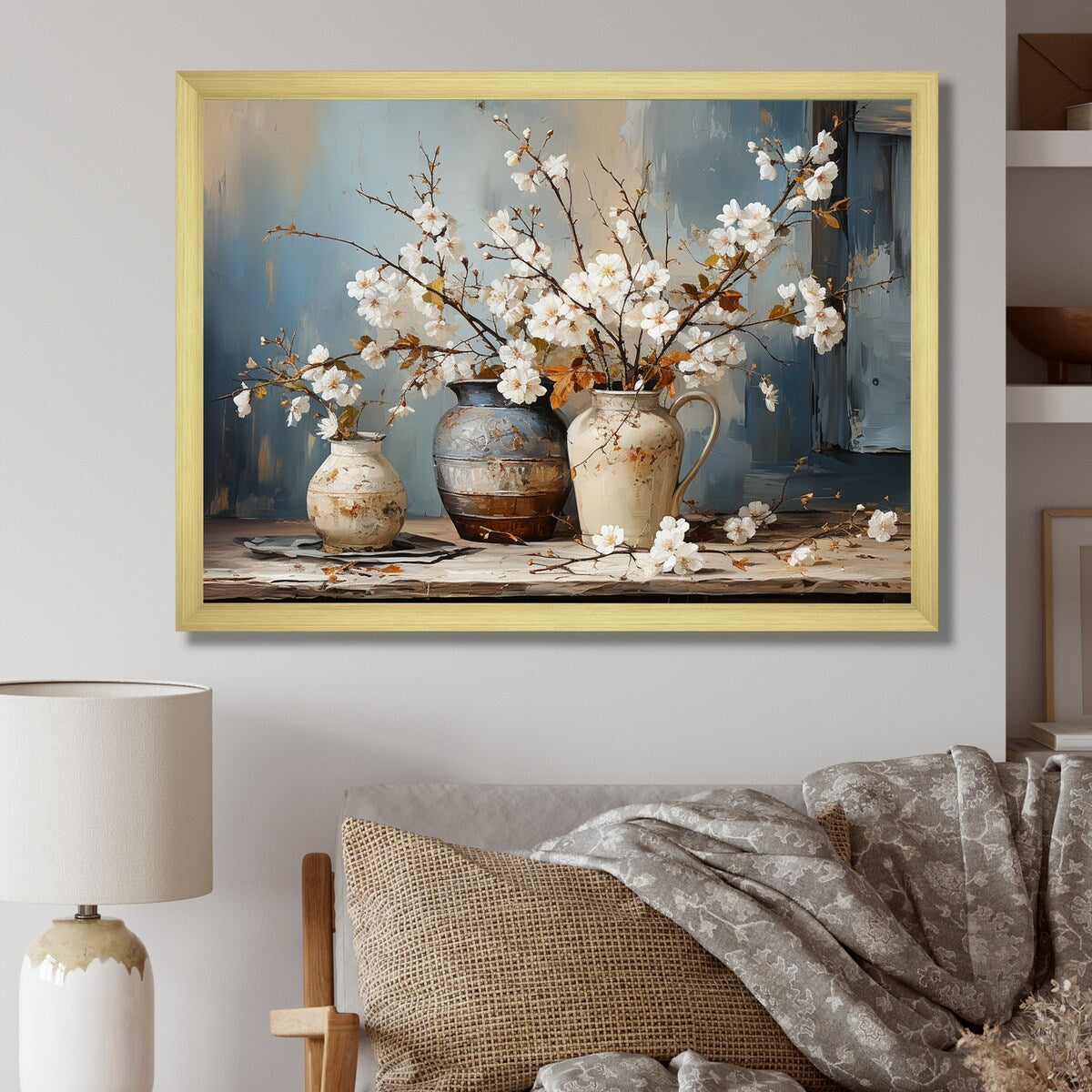 Impression sur toile encadrée Designart, nature morte avec poterie et fleurs, paysage et arbres